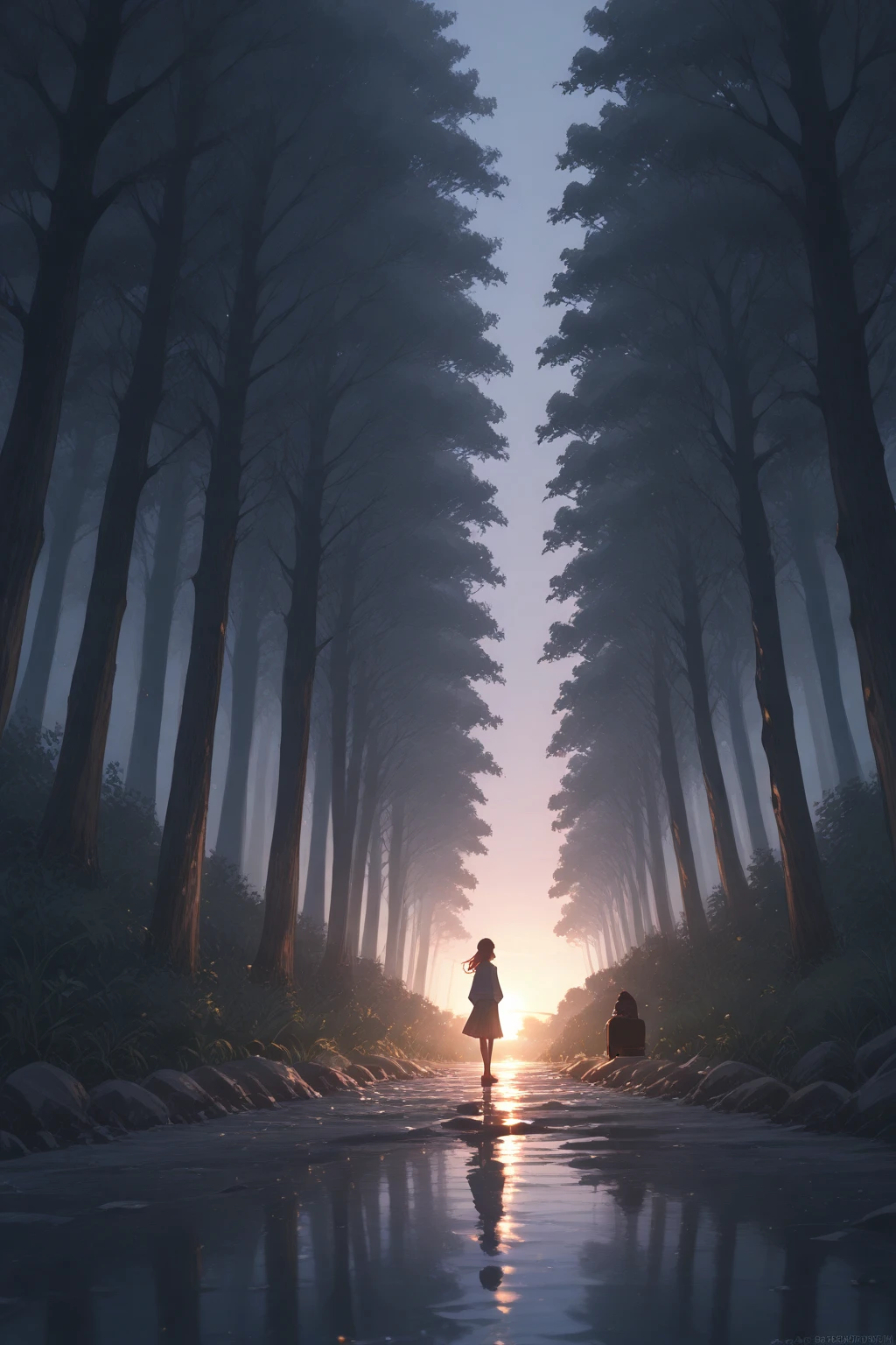 a young girl walking through a dark forest, a well-maintained path, a single street lamp, anime, in the distance, beautiful atmosphere, (best quality,4k,8k,highres,masterpiece:1.2),ultra-detailed,(realistic,photorealistic,photo-realistic:1.37),stunning lighting,fantasy,dramatic,moody,warm colors,cinematic