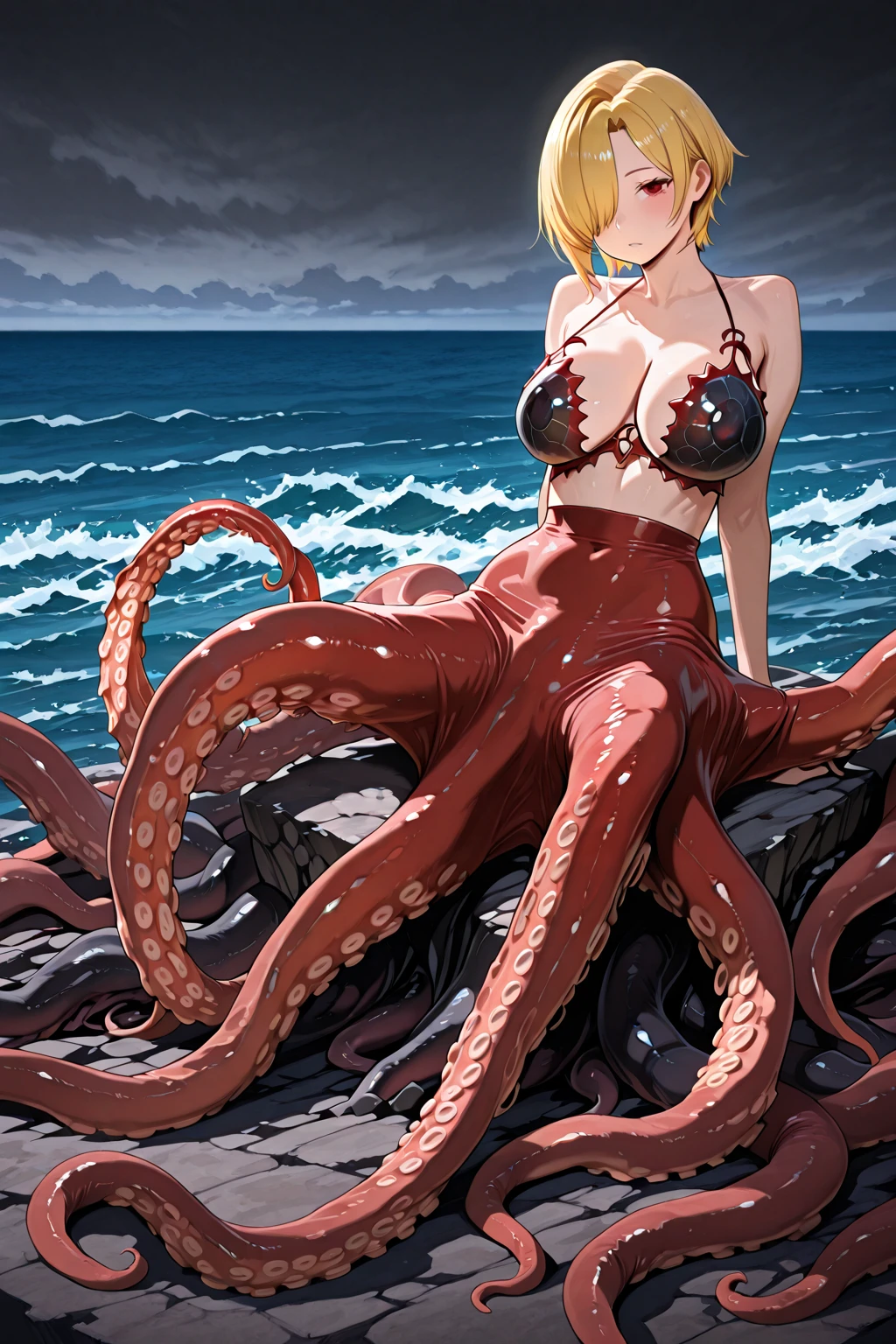 (Best Quality, masutepiece, hight resolution:1.2), Ultra-detailed, (Realistic:1.37), Vivid colors, nffsw, Studio Lighting, Sharp Focus,Physically Based Rendering

Girl standing on the beach in uneven sunshine, The texture of the sand is visible under her feet. She wears a unique ???????? with skin exposed only in the ????? and groin area, Made of tentacles. Tentacle ???????? tangled in her body, Tentacles are inserted into her . , And her face is blushing with an expression of both crying and ???????. Images are captured in high resolution and vivid colors, View all details、Make it look like a realistic masterpiece. Lighting is carefully set to create a studio-like effect, With a sharp focus on the girl and the tentacles.(((Tentacles cling to his body)))(((Full of tentacles)))(((Shorthair)))(((Clothing and tentacle integration)))(((Beautiful udder)))