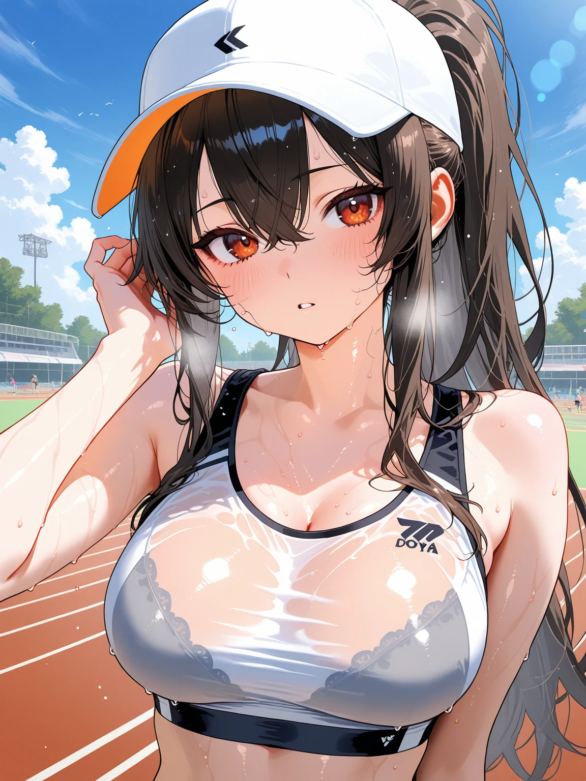 Wet,dildo_Under_Cloth:1.5,Bigboobs,uni form(yellow,black),group shot:1.7,baseball,baseball stadium,Panty drop:1.5,Clothing with tiger printed on it,tubetops,ponytail,cheerleader, stadium, team spirit, pom-poms, enthusiastic, energetic, crowd, uniform, sports event, cheering, colorful, dynamic pose, happy, vibrant, teamwork, celebration, night game, lights, action