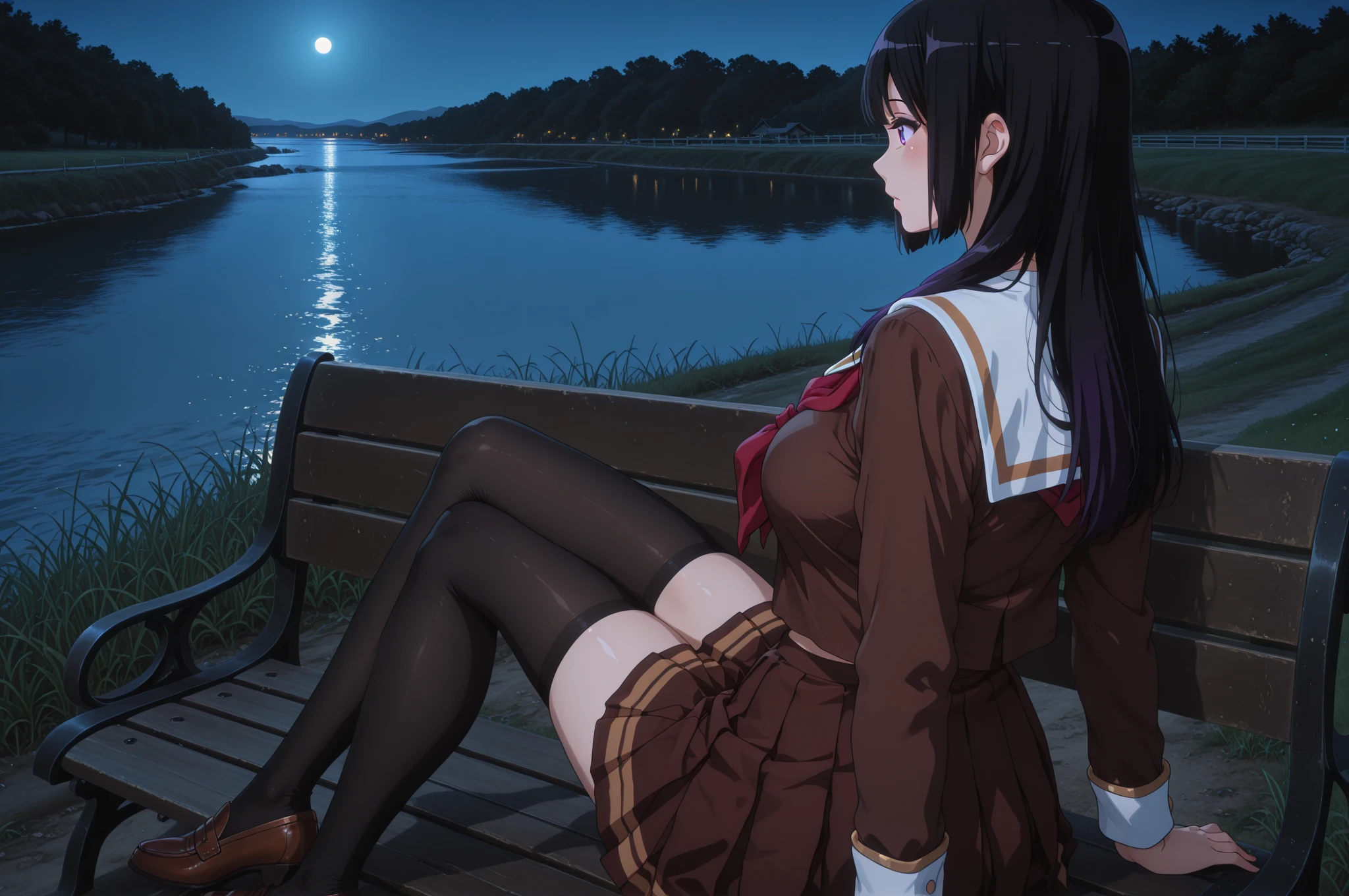 Shinjuku skyscraper district　full moon night　big moon　elementary school girl　8-year-old　flat chest　black hair　long hair　eyes are purple　（（1 person））　Cardigan on top of white long-sleeved sailor uniform　Lower body navy blue  full body show panties