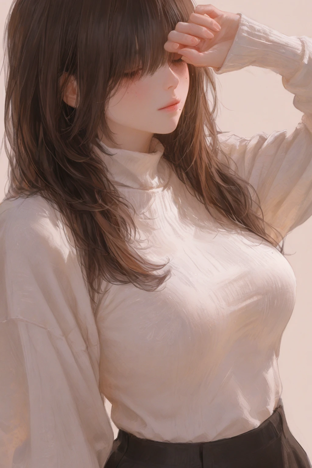 Meme Kakure (100 Girlfriends), 1girl, solo,
anime screencap look,

anime semi-realistic 3D style,
clean 3D render, soft cinematic lighting,
no background, isolated character,

close-up shot, upper body framing,
torso to head composition, shoulders, , and upper waist visible,
 body proportions,
large , wide ,  figure,
natural and graceful posture, hand partially covering eyes, shy pose,

long brown hair,
thick bangs covering the eyes,
hair flowing over eyes and shoulders,
strands with subtle motion, soft natural movement,
mole under mouth,

beautiful and elegant face,
calm and shy expression,
head slightly lowered,
soft blush on cheeks,

refined textures,
smooth shading,
focus on hair details,  expression, and  ,
soft, appealing, and aesthetically balanced mood,

tight fitted sweater, high neck, long sleeves, clinging to body,
emphasizing  and torso shape, realistic folds and highlights