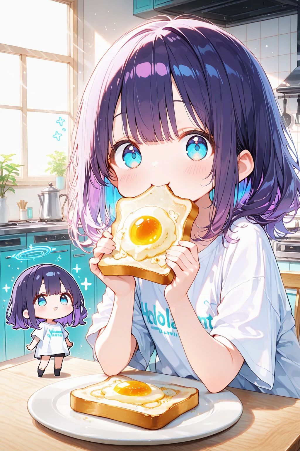 masterpiece、Highest quality、Thematic Depth、２D illustration、1 beautiful girl、solo, (((Chibi Style)))、((night)), ((window)), ((Starry Sky)), length, Beautiful Hair、Shiny brown hair、cute、Beautiful and detailed eyes、((Tank top))、Glass of blue soda, ((colorful))、mile))、((Canned Chuhai)), ((Close-up shot))、((Eat beef steak)), ((In the room))、((There'There's lots of pink all around))、Thighs、((Bright colors))、Shine、((Lens flare))、