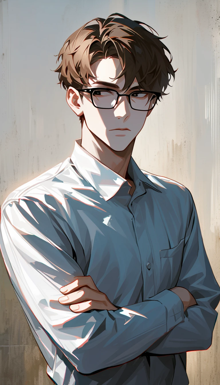 masterpiece，best quality，Extremely detailed，1 boy wearing glasses，personal，Black Hair，modern furniture，Set，black eyes，Handsome，Delicate face，sit，