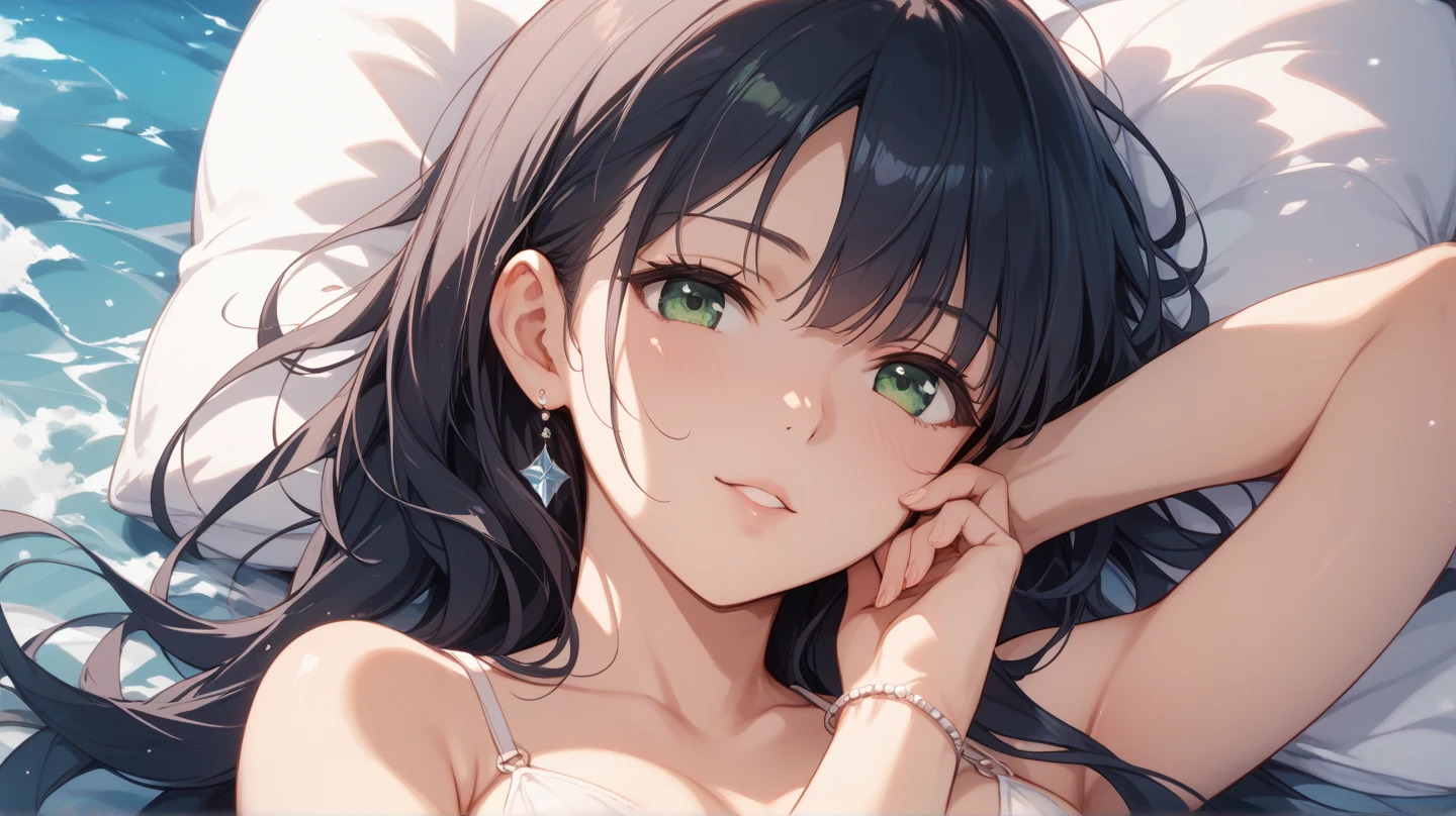 (Highest quality:1.2, Very detailed, up to date, Vibrant, 超High resolution, High Contrast, masterpiece:1.2, Highest quality, Best aesthetics), (((1 girl))), A carefully painted bedroom, , Professionalism, Bright colors, Soft lighting, Expressive eyes, Detailed lips, Long eyelashes, Pleasant atmosphere, incite inferiority,  eyes,  smile, Open your mouth, blush, :1.4, ((camisole, 黒シースルー, Lying on your back in bed:1.2)), Positive Energy, Calm background, A nurturing presence, High resolution, Correct perspective, (Soft focus throughout).