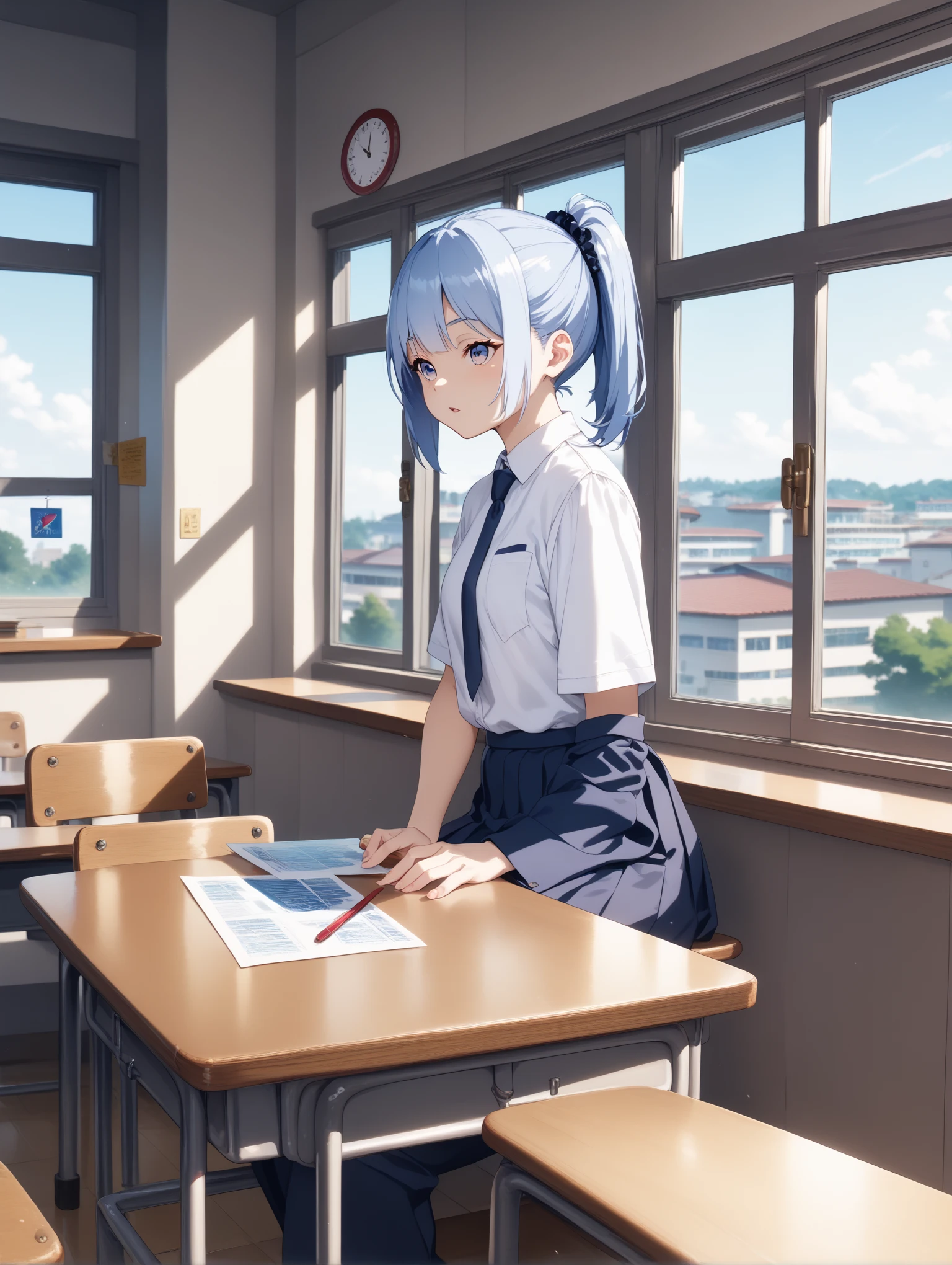 (((1 person　Gray Hair　Holding a pen　classroom　Chair　sit)))　((High resolution　short hair　tie　Black Skirt　Rin々Funny face　))　((student　blue eyes　Close-up))　((Blue Butterfly　night　学校のclassroom　Shining Aura　sit　Catch the wind　Looking at the moon outside))　(smile　Bathed in light)　月night　moonlight　star　Shuriken　Shining Background　Shining Edge