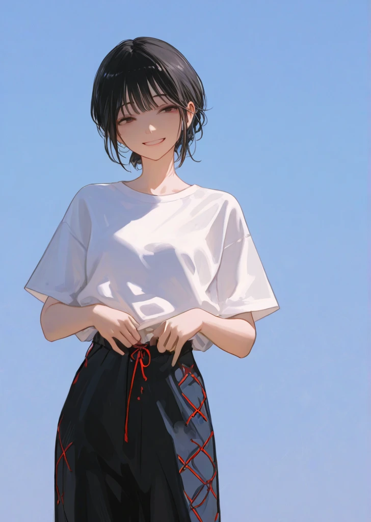 solo。1 female students。Realistic drawing。High image quality。 high quality。 Digital Painting 。
dark haired short hair、A boyish two-block undercut。 slender、 toned body。
A large t-shirt with a duffle、 、Small 。
Silky straight hair。Squint your eyes。smile。 natural makeup。
black and brown gradation eyes。Focus on the face。
T-shirt with wide neck 。 shoulder straps。The