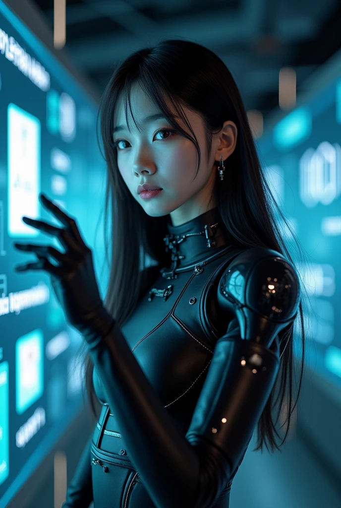 ((best quality)), ((masterpiece)), (detailed), perfect face,Cyberpunk Japanese girl, red  battle armour suit with yellow kanji, robot factory, neon signs, pistol