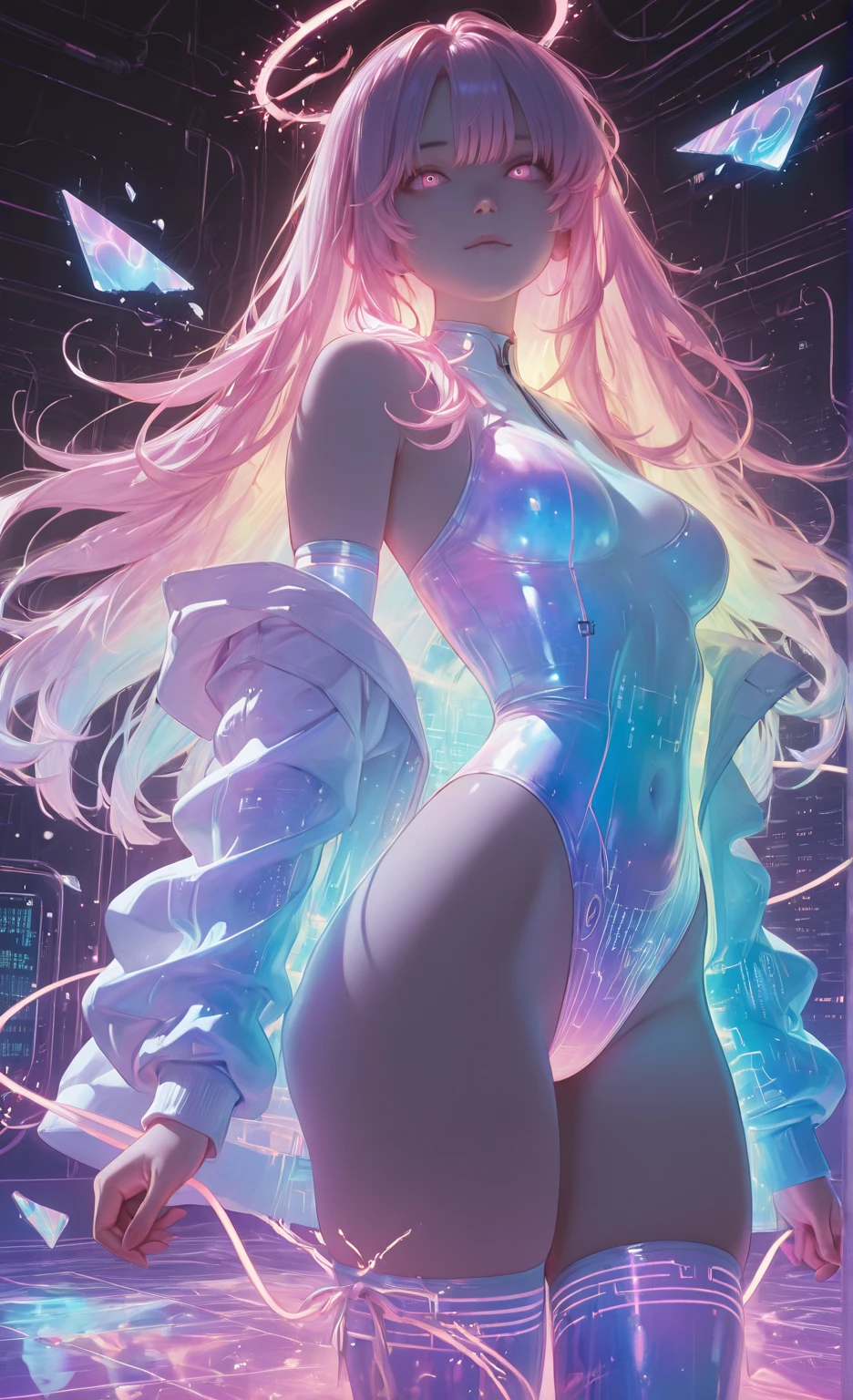 Angelic Very beautiful cute girl),
Beautiful detailed eyes, 
Detailed double eyelids,
(Cute eyes),
Light blue long hair、Pay attention to the ????? of the twin tails, Beautiful detailed face and eyes with adorable smile, 
drooping eyes,BREAK  
(Super Gloss Metallic Coral Yellow Transparent Holographic Suit:1.2), (Super Tight Fit Holographic Suit、Superreflective surface:1.5),
(Super Tight Fit Holographic Suit:1.5) ,
(Super Reflective Holographic Suit:1.3),
small nose,(爆乳:1.3),
Beautiful legs,
(Best Quality:1.2),
Raw photo, 
High resolution, 
perfect  detail, 
Professional Photography, 
Professional Lighting,
Strong lighting of the ????????,Outdoor photography,Long leg、