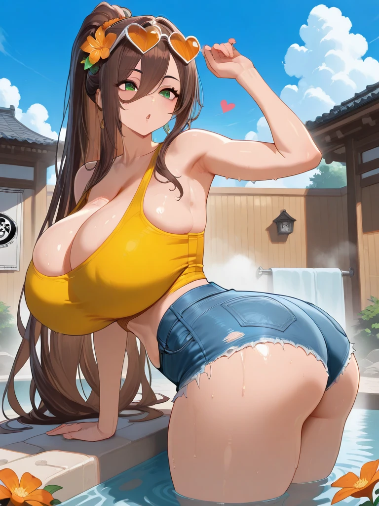 High resolution, high quality, One girl, Anime Girls,beautiful girl, ????,(Opening the ????:1.3),????????, Long brown hair, Brown eyes,heart shaped pupils, Green glasses, Sunburned skin, Super big ,beautiful ???????, (Big ???),beautiful ???,Embarrassed,(bladder full:1.3),(???:1.3),(Peeing),(shame),(Fountain Show),(AnalFountain Show:1.3),??????????,Back Pose,lower body,sweat,wet,squatting,(?????????),arms behind head,Groin tattoo,glowing tattoo,at Shopping Mall,