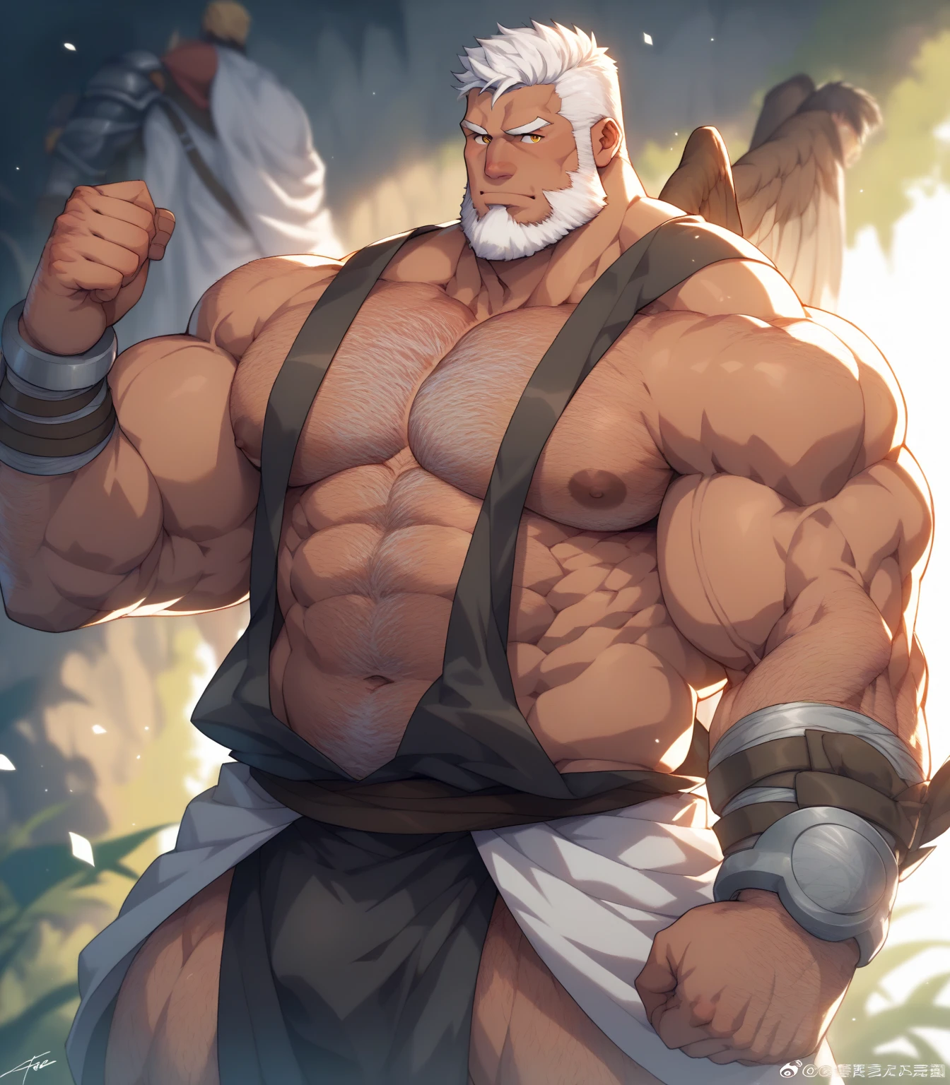 Solo, torso of white bearded   old muscular man, his hands chained, gigachad muscular, longand fluffy beard, :: high detail, muscular!, super buff and cool, muscular! white, commission for high res, muscular!!, very buff, white eye brows, strong , strong arms, large muscles, muscular, thick waist, big body, tall thick body, wet, wide body,  appeal, big blue eyed, man bun hairstyle, chubby belly, white hairy , sleeping, in the dark prison