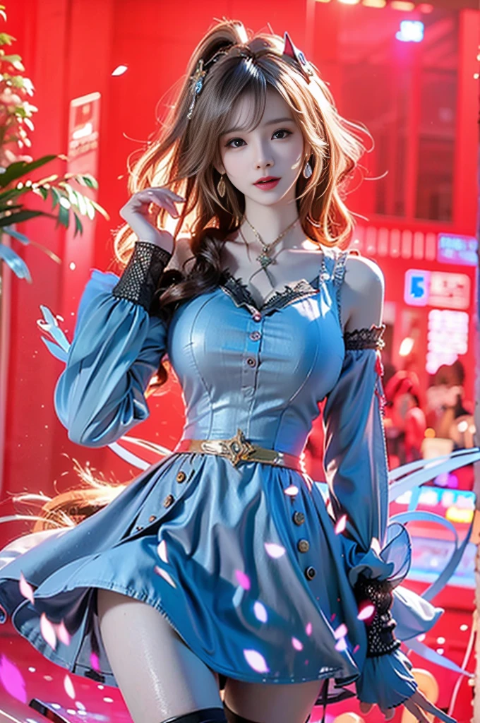 Portrait photo in 8K，best qualtiy，超高分辨率，Realistic and delicate，Girl with red hair，Wear earrings and necklaces，The background is a seaside view，The smile is bright，long eyelasher，beautiful boobs，leg spreads，Cinematic lighting effects，Depth of field effect，Lens flare effect，Hanfu。