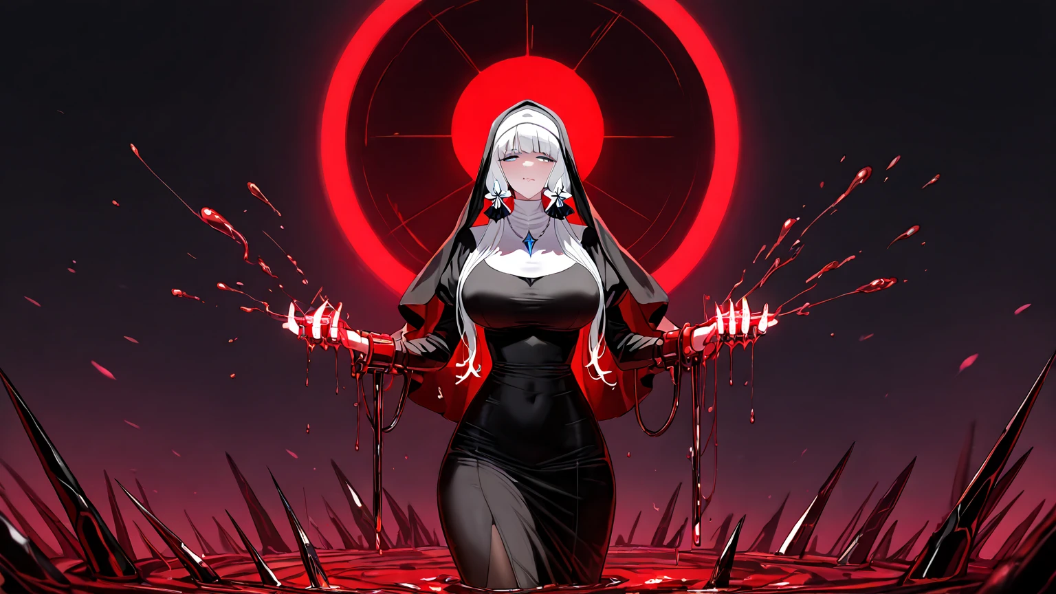 Make an anime poster, has 4 women in it, on the left side a classy dressed beauty with only the colors red and white, has an angelic presence but a demonic personality, she wears a hat on her head and a long mature gown. On the middle, a millitary general with black and white hair, and a blindfold covering her eyes. Behind her in the back, a woman faded in the background, only her eyes red Phoenix can be seen. Finally at the very right side a nun with a blindfold and a church nun fantasy black dress, holding her hands together symbolizing a prayer gesture.