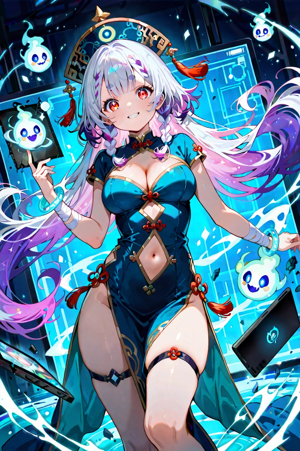 very cool intelligent beauty shinto priest, silver glasses, a ???? mini-length shrine maiden costume, black knee high socks, anime, manga, illustration, fantasy, white silver glossy flowing layered wavy long hair, french braid ponytail, sparkling glossy gold big eyes, ????????????, abs, slender, full body, background galaxy brilliant magic circle, give off rainbow and gold neon light many lines radially from floor and ceiling, portrait, animification, high resolution, best quality, very high image quality, ultra detailed, hyper realistic, photorealistic