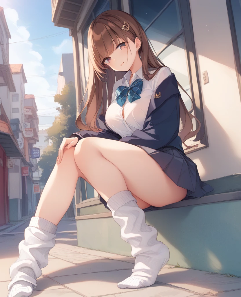 masterpiece, best quality, ultra-detailed, illustration, an extremely delicate and beautiful, cute, girl, energetic, active, 2girls, crossed legs, brown hair, aqua eyes, happy, (drill hair)++, hat, wolf ears, (school uniform)-, shopping, , Sexy, light_Blue and White , ultra-small , NuBra, extreamly detailed crotch, crotch line,