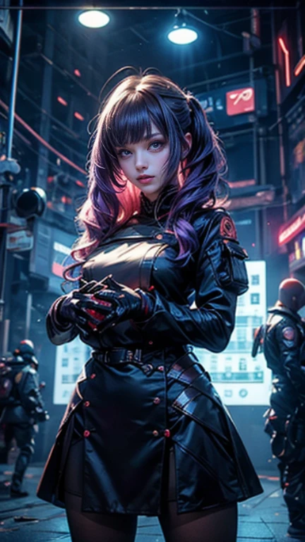 Futuristic cyberpunk town street there is light green skined cute ork female  with pointy ears with lot of pircing, red eyes purple long ponytail hairstyle dark eyeshadow make up, her body covered with tatoos she have cybernetic arms with metalic claws hands, she dressed in topic and leather pants and military boots. (ultra high quality sifi fantasy art. cyberpunk fantasy style, masterpiece, ultra highquality character design, 8k quality anime art, top quality wallpaper illustration, detailed ultra high quality acurate face, highquality design and acurate physic)