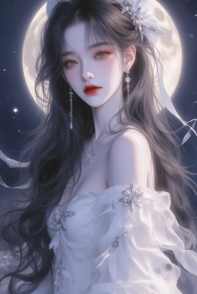 ( High quality , ultra detailed to hand )Zodiac-scorpio goddess , similar to latin goodness , cute but sexy face , purple-silver hair ,  , in the ocean with moonlight , whole body ,