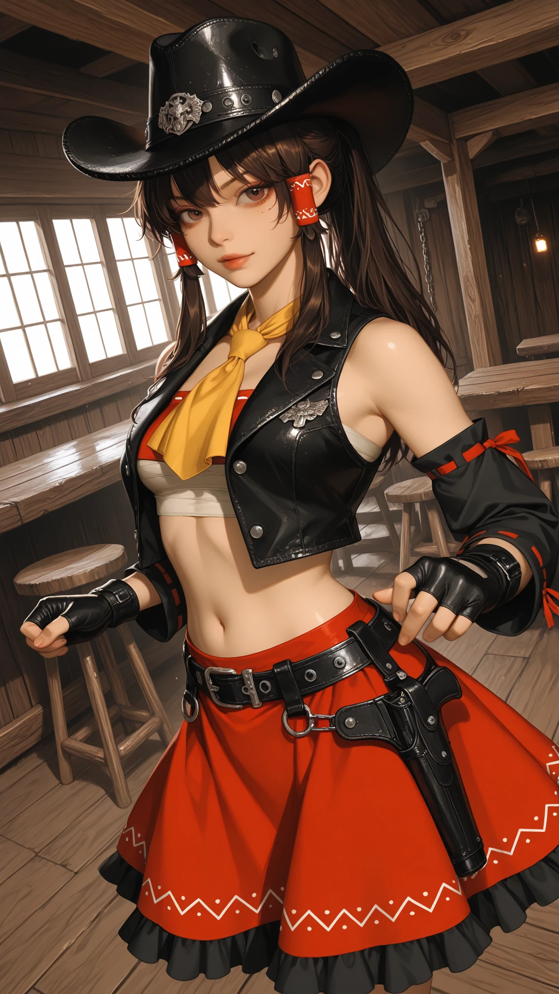 work of art, best qualityer, ultra detali, illustration, epic lighting, film composition, isometric, 1 girl, standing alone, from front view, whole body, cute, eyes browns, Red hair, swept bangs, single side lock, red hairclip, wearing bikini for top, tall boots, chocker, lovely gaze, captivating pose, inportras, DESK, portra, opening portra, gazing at viewer, peeking at the upper body, blush, seducing smile, cloused mouth,(8K:1.1),