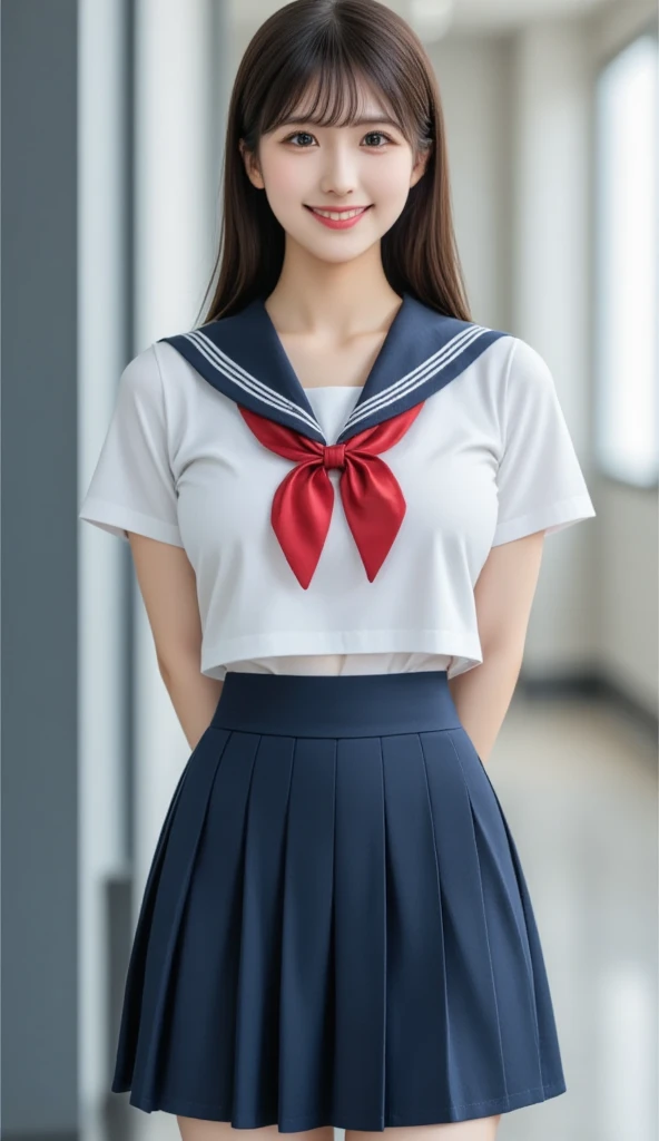 (8k, RAW photo, photorealistic: 1.25), (lip gloss, eyelashes, bright face, glowing skin, red hair, best quality, ultra high resolution, depth of field, chromatic aberration, caustic, wide lighting, natural shading, Kpop idol) looking at the viewer with a serene and divine bliss, college room, sailor's uniform, 