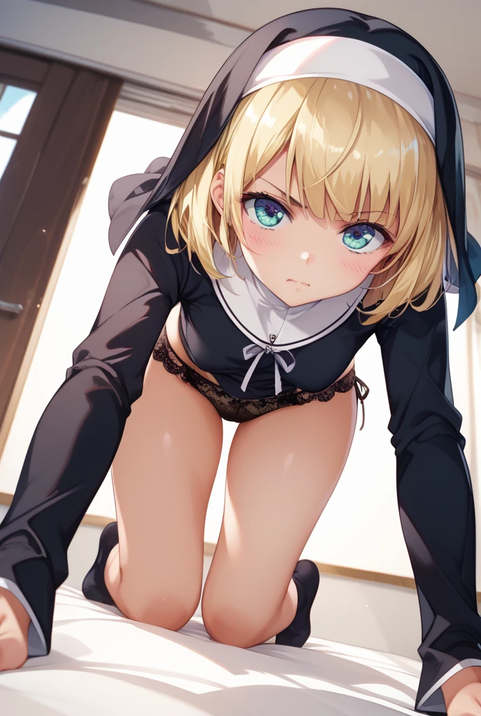 masterpiece, highest quality, Very detailed, 16k, Ultra-high resolution, Perfect Fingers, Detailed face, 6 year old girl, blue eyes, Blonde, Braid, Luxurious Western-style building, Bedroom, bed, (:1.3), ((show off :1.2), ( hole:1.2), Close-up:1.2), , legs up