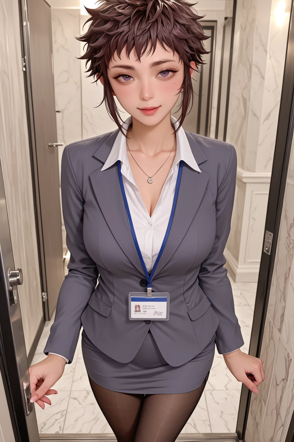 physician, 50 years old, hyperdetailed face, Detailed lips, Detailed eyes, 二重まぶた, Black bob-shaped hair,  (((Light purple shirts that button up to conceal the , doctors white coat, Brown tight ))), (Examining a patient in a hospital examination room), ((Glamorous body)), perfect hand, Perfect fingers, perfect , Perfect fit, perfect bodies, face perfect, Perfect image realism, Background with:((Hospital examination room)), Meticulous background with, detailed costume, Perfect litthing, Hyper-Realism, photoRealistic, 8K maximum resolution, (​masterpiece), Highly detailed, Professional