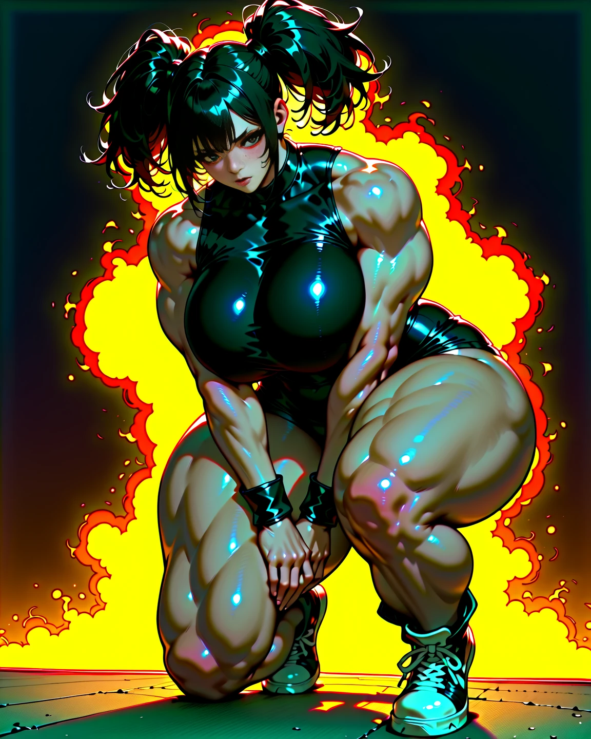 wide hips curvy thick thighs voluptuous large breasts muscular toned body bodybuilder black hair pale skin yellow eyes  expressionless sad sad