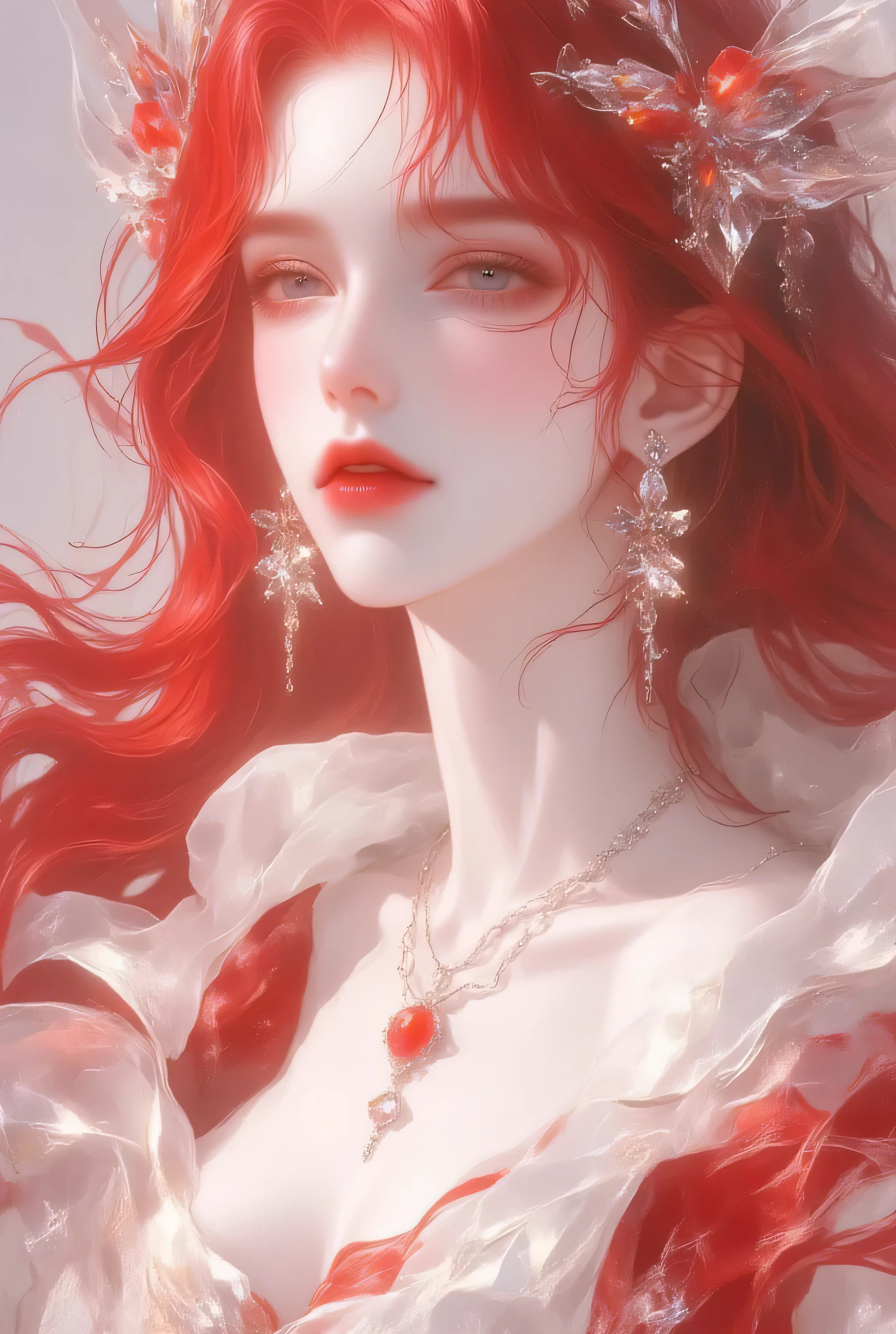 vampire, best quality, masterpiece, high resolution, 1girl, porcelain dress, red hair, hair accessories, necklace, jewelry, beautiful face, physically, tyndall effect, realistic, dark studio, edge lighting, duotone lighting , (high detail skin: 1.2 ), 8k uhd, dslr, soft light, high quality, volume light, candid, photo, high resolution, 4k, 8k, bokeh