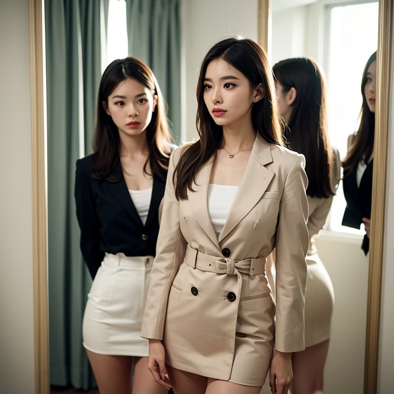 (highest quality, masterpiece, photo-realistic, super detailed, ultra high resolution, born:1.3), (3 girls:1.3), beautiful, Japanese, mature, 28yo, office workers, (tight knit, short skirt), ({Money| Silver| wine-red| navy| pink| yellow green| violet| sky blue} Clothes), (smile), (bangs), high waist, necklace, (office, indoor, glass room), (long legs, high heels, full body:1.2), (big breasts:1.3), (crowd)