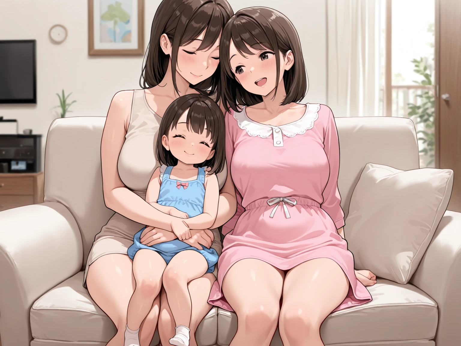 (masterpiece:1.2), (best quality:1.2), (very aesthetic:1.2), (absurdres:1.2),2person,(daughter and Mother:1.3),side by side,
1 ,toddler body,
1 adult woman,mother,with mother,mama,with mama,
living room,