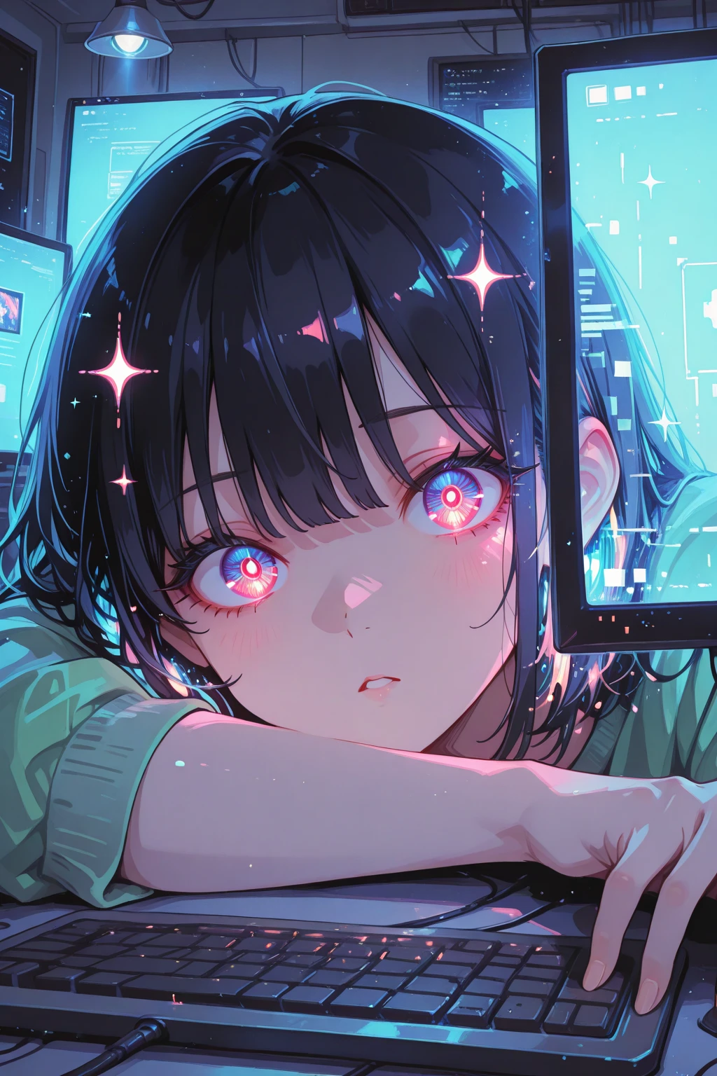 , short hair, ,  belly, , nothing underneath,  hair, tan, green eyes, black sweater,  legs, Sitting on the bed looking at the window, it's night, The night is full of bright stars, From the window you can see buildings with their windows open, Your room is tidy, Very colorful, bright colors, 