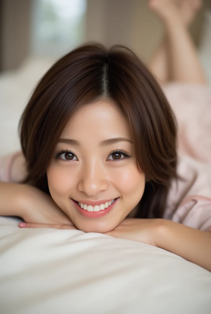 (8K、Raw photography、top-quality、​masterpiece:1.2)、(realisitic、Photorealsitic:1.37)、ultra-detailliert、超A high resolution、女の子1人、Aya Ueto、()、see the beholder、beautifull detailed face、A smile、Constriction、(Slim waist)、((、))、Beautiful detailed skin、Skin Texture、Floating hair、Professional Lighting、(on bed、in bedroom、at night)、(normal breasts)、Whole human body、(brown hair)、