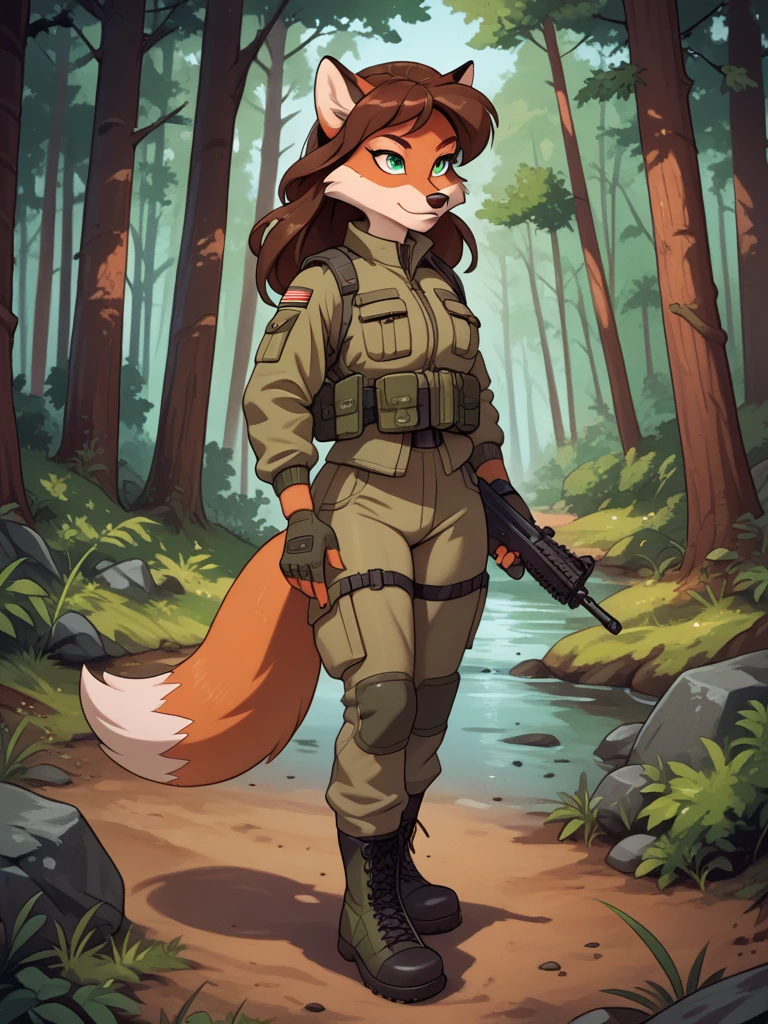 (best quality,4k,8k,highres,masterpiece:1.2),ultra-detailed,realistic:1.37,portrait,anthro bandicoot girl redhead, braided hair, beautiful closed eyes, open mouth tongue ,sexy ,, warm sweater, camouflage beanie-balaclava ,camouflage pants, army boots, smirking, cozy lighting, vibrant colors , girl anthro , sweater, camouflage beanie, camouflage pants, army boots,