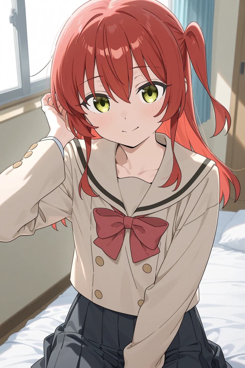 room, 1 Girl, Highest quality, Ultra-high resolution, Long Hair, Redhead, Green Eyes,Sailor suit、, Looking at the audience, Small breasts,Thighs、 Sitting on the sofa, , smile, Open your mouth,(((Spread your )))、 shot、Cute 