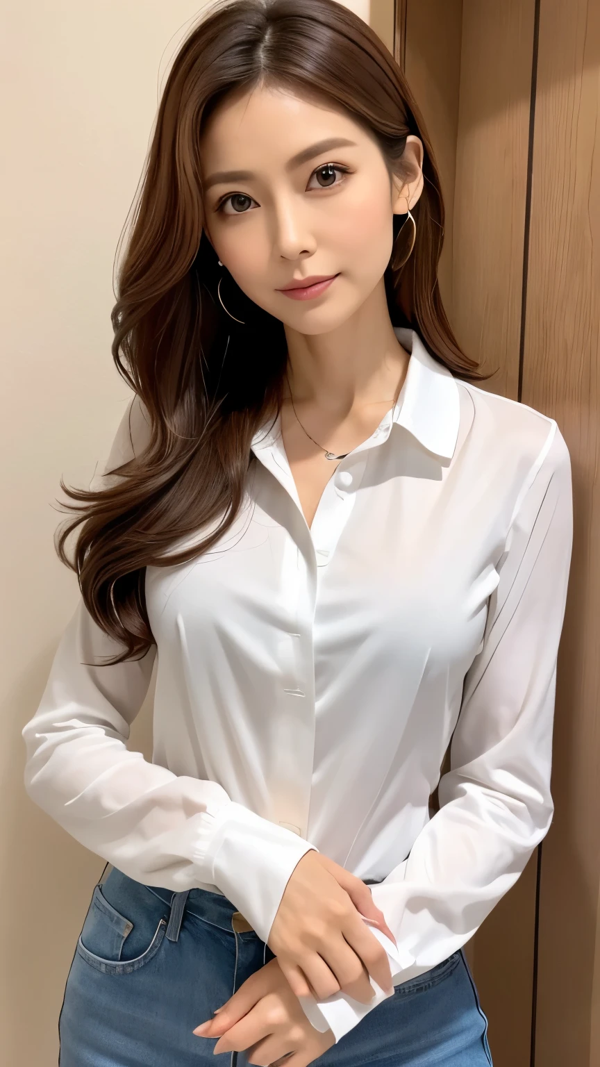 Tied Up Woman、(((Hands behind back with wrists crossed)))、(My wrists are tied with rope)、Beauty、Well-formed face、Shiny long black hair、Make your eyes even、Inside the hotel room、、Show your whole body、White short sleeve shirt、Navy Semi-Long Skirt、 lines、Wearing pumps、Standing in front of the window、Age 25、Medium build、Like a real photo、Highest quality, light brown hair, straight hair, shiny hair, parted lips, smile, Surrealism, Hyperrealism, Verism, cinematic lighting, tachi-e, first-person view, , Nikon, UHD, anatomically correct, best quality, highres, 8k