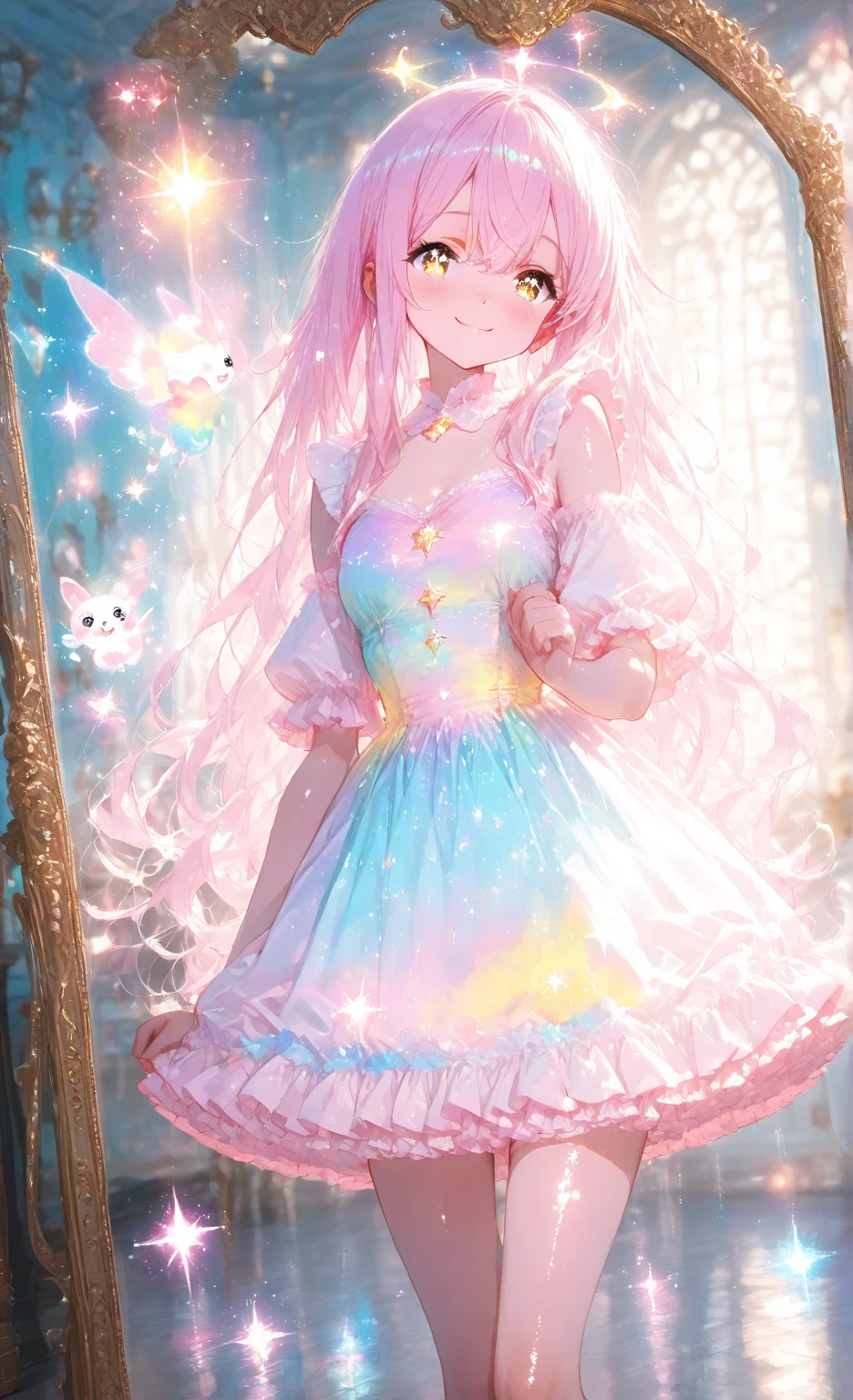 Colorful light background，long whitr hair，Has a bright pinkish-purple  gum texture，In pink、Wear yours with blue and white，yellow and greens，Cyan matching accessories pendant decoration，This is a very sweet and sweet  girl