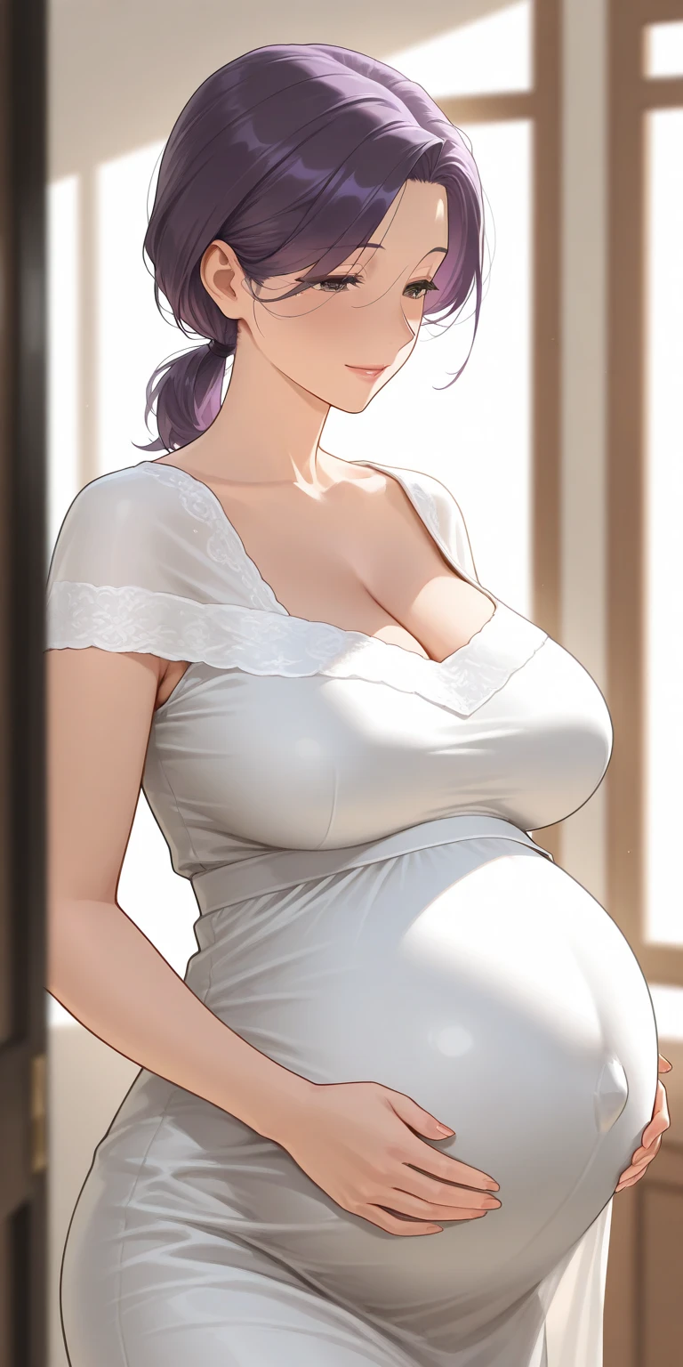 Night time,(Masterpiece), Best Quality, ultra-detailed, 1girl (rinko_iori, Pregnant, big and pretty ???????,  dark blue hair, long wave hair, blue eyes, empty eye, half-closed eyes), evil face,  smirk ,parted lips, mascara, full makeup, red lipstick, facing viewer, looking at viewer, solo, white wedding dress, see-through dress, ornate dress, long dress, bows, wide skirt, white veil,bouquet grab , bows, in the livingroom, standing, , Frontal Shots , 