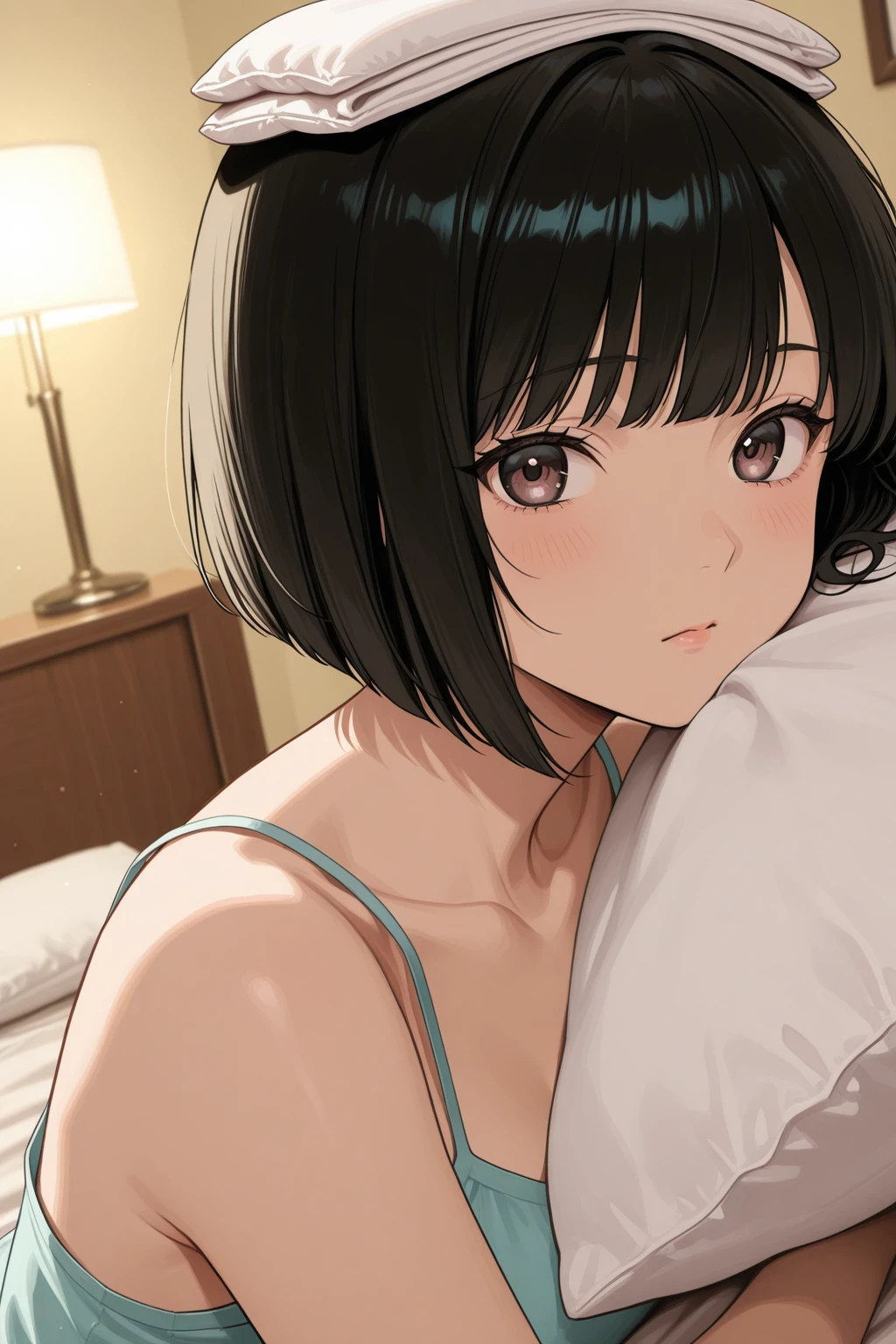 [[anime styled]],[[digitalart]],masterpiece,best quality,high resolution,Tomomi_Xijing,black hair,Short hair,Hair Ribbon,midium build,oily skin,,1girl in,独奏,((sitting)),[upper body:1.3],[face focus/close up],[from above],Focus on the crotch、short torso,Perfect Lighting,((,)),[blue striped ],,smile,cel shading,blush,, break background bedroom,bed