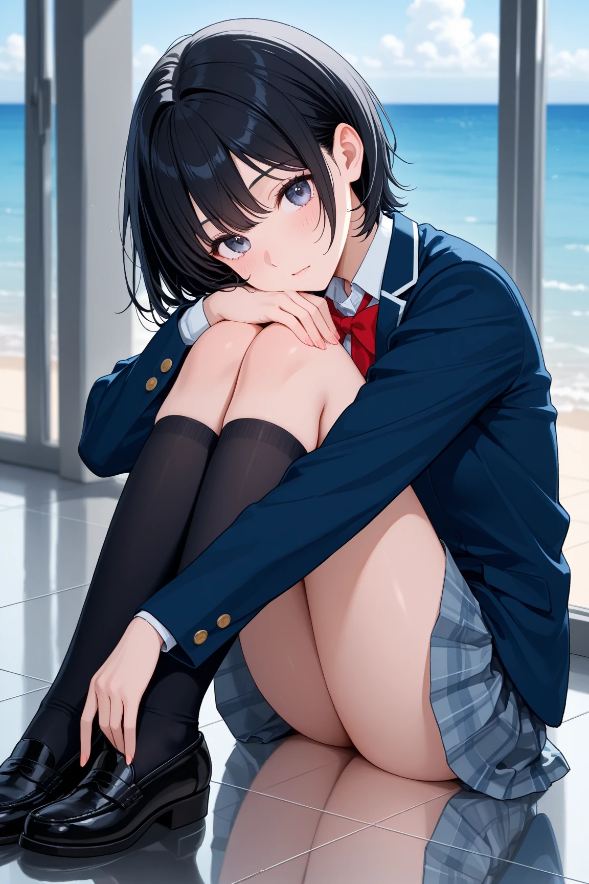 {Highest quality], [Super beautiful], [Ultra fine], [Best illustration], NSFW,Brown Hair, Hime cut,Bangs,girl,,uniform,knit cardigan,Short sleeve,skirt,smile, blush, Slender women,At the Beach,Summer festival,diagonal, barefoot,Strike a Pose