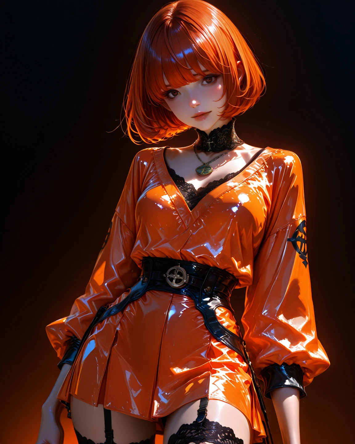 3dmm style, (masterpiece, best quality), intricate details, 1girl, solo, bea\(pokemon\), bow hair band, printed shirt, tied shirt, black ,  under clothes, single glove, print shorts, knee pads, barefoot, cowboy shot, looking to the side from the front, visible whole body, arms crossed, yellow clothing, orange hair, mysterious look, wide shot, wearing boots,  short skirt