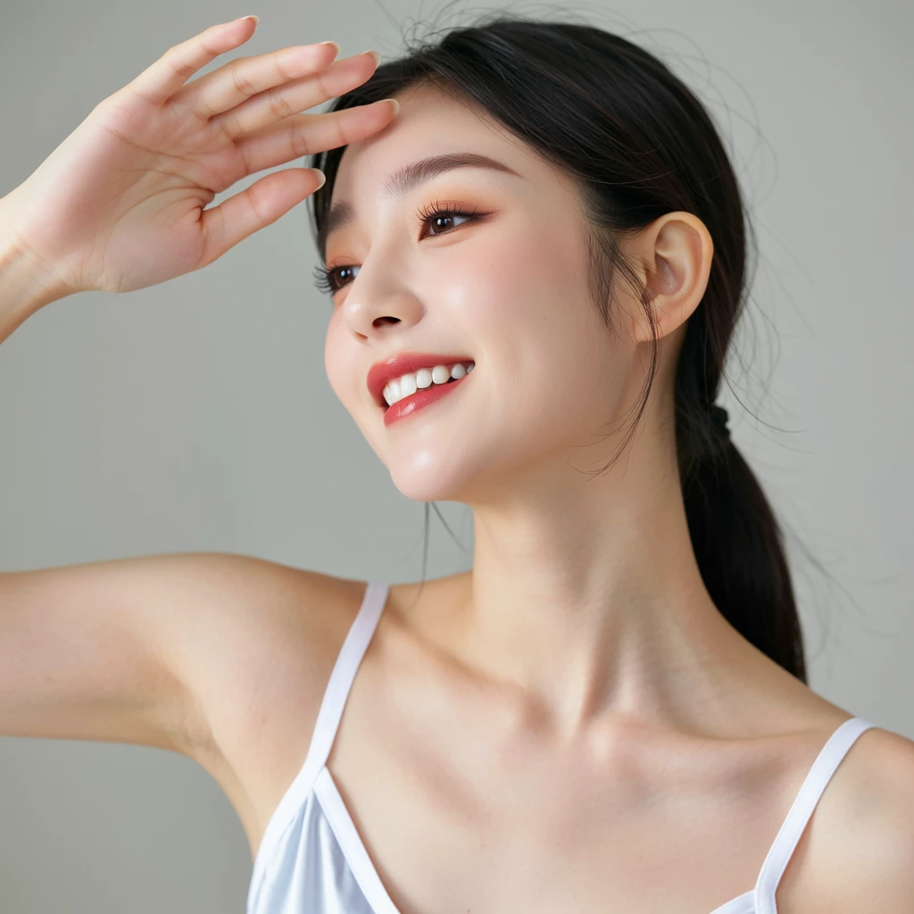 
(8K、Raw photo、highest quality、Masseter muscle part:1.2)、super detailed、super resolution、(realistic、realistic pictures:1.37)、
Portrait、High-definition RAW color photo、professional photography、
very detailed and beautiful、very detailed、8K image wallpaper、amazing details、huge file size、
official art、very detailed CG Unity 8K wallpaper, 
very detailed woman、girl、20 year old woma, 
very fine eyes、very detailed肌、very fine fingers、very detailed nose、very detailed detailed mouth、perfect 、
detailed background、detailed clothing、white skin、glowing skin、
Slender Body、black haired、semi-long、laughter、
lifelike face、delicate eyes、ordering sauce、
cowboy shot、positive、standing athletic pose、dynamic lighting