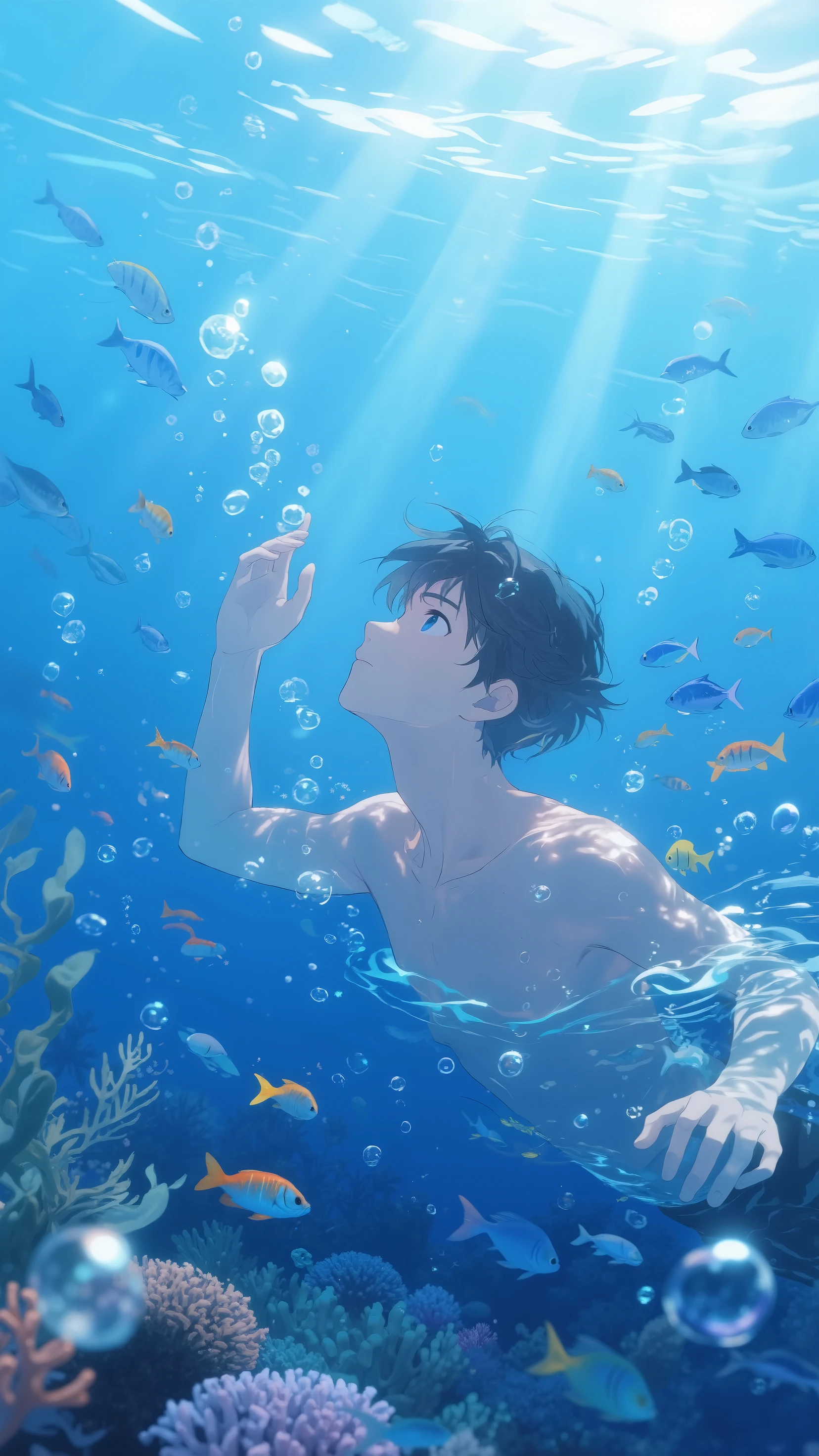 highres, masterpiece, perfect , best quality,8k, perfect face, expressive eyes, 1boy, underwater, happy, swimming underwater, creative, underwater view, fish, official art, full body, looking away from viewer, trending on pixiv, swimming, floating, 3/4ths view