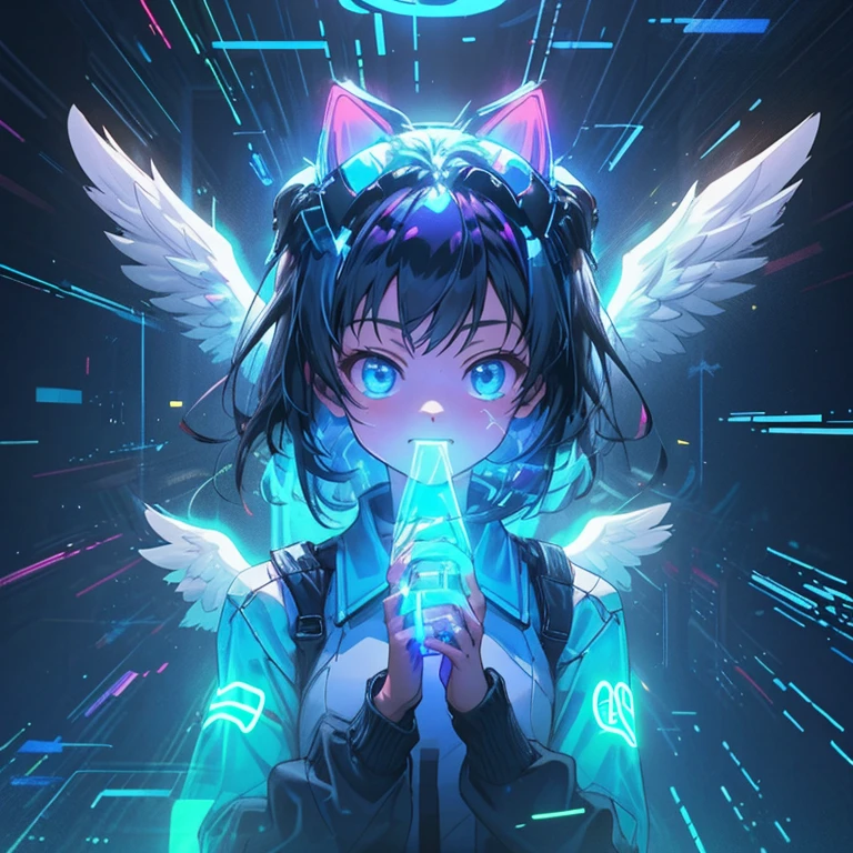 Anime cat-eared girl with glowing eyes holding a glowing ball in her hand, anime art wallpaper 4k, A drone is flying in the sky, night city, anime wallpaper 4k, anime wallpaper 4k, 4k anime wallpaper, anime art wallpaper 8k, Beautiful anime cat girl, Beeple and Jeremiah Ketner, anime style. 8K