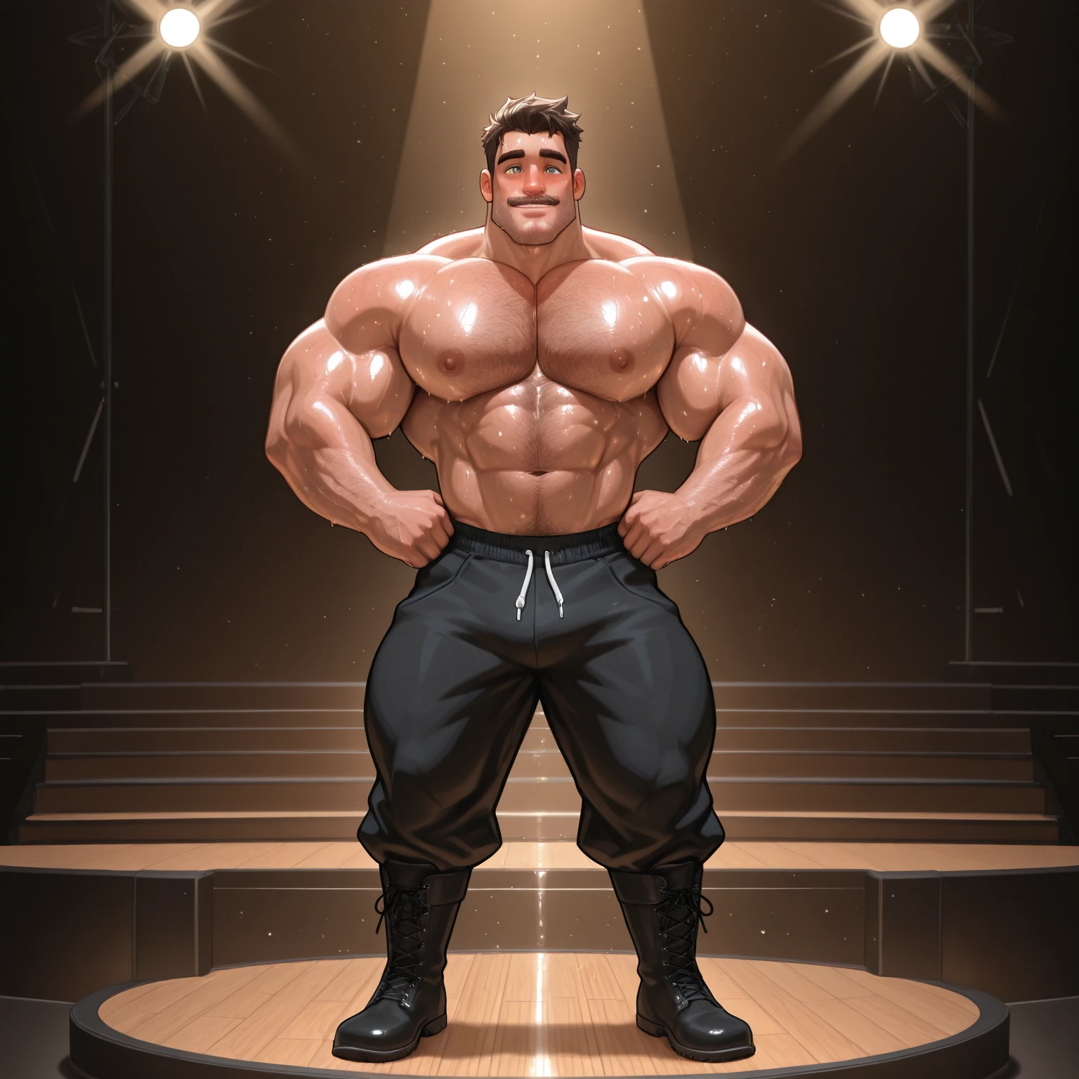 There is only one handsome Asian actor in the picture，35 years old，Tall and handsome, Toned body，short hair, O-Shaped Beard，Perfect body, Dark skin，Glowing skin，Smooth skin，The body is hairless，Muscle bulge, Muscular, Very large pectoral muscles，Very sexy abdominal muscles，Very well-developed leg muscles，Huge concave and convex area，Brightens oily skin，Wearing black leather shiny ，Handsome face， Correct and accurate male body proportions, Wear black leather shiny socks，Stand among the flowers。
