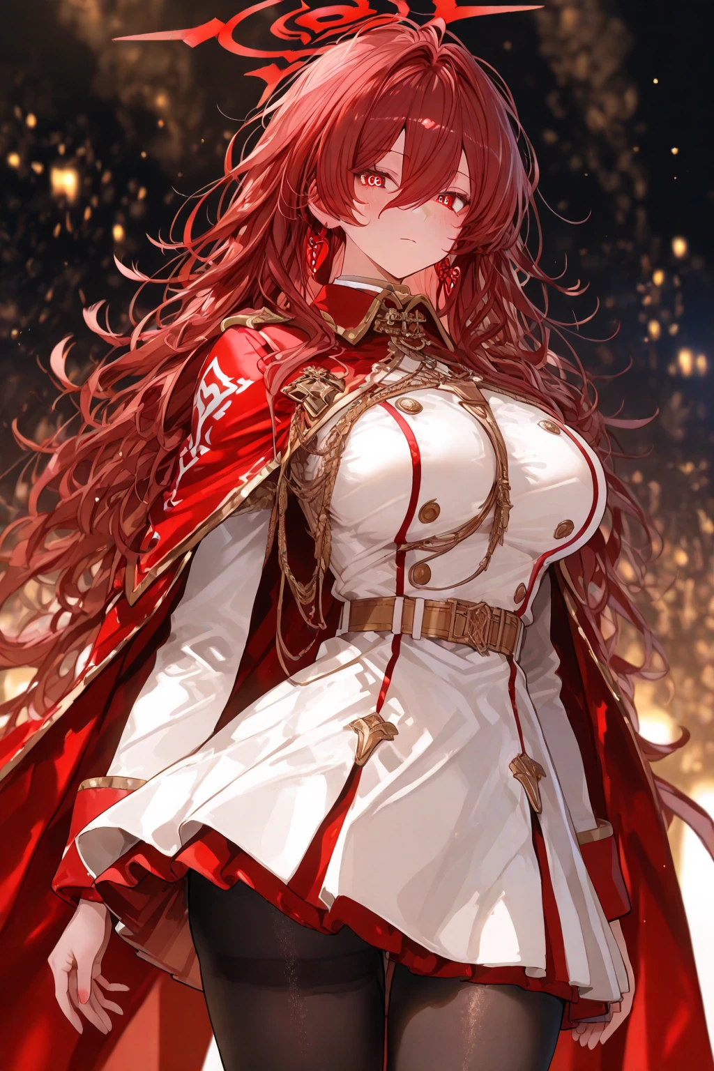 Anime style painting, Aurora, Snow Country, Holding a sword, An illustration, Calm expression, Perfect hands, elder, Redhead, Dignity at 50, ほろ酔いのwoman, alone、masterpiece、Highest quality、(Babes)、Fractal Art、Red eyes、Narrow eyes、Black and red dress, Reddish lips、From the shoulders up、Serious face、一人のwoman、Red Long Ponytail, Curly Hair, Red eyes,Golden accessories, alone, , woman, Take-out, Provocative laughter,40 year old woman,Queen of , Perfect Human Medicine,Acheron, Estilo Genshin Impact, Combat pose, Very detailed, High resolution, whole body, Sword Rain Red, Black Hole Red