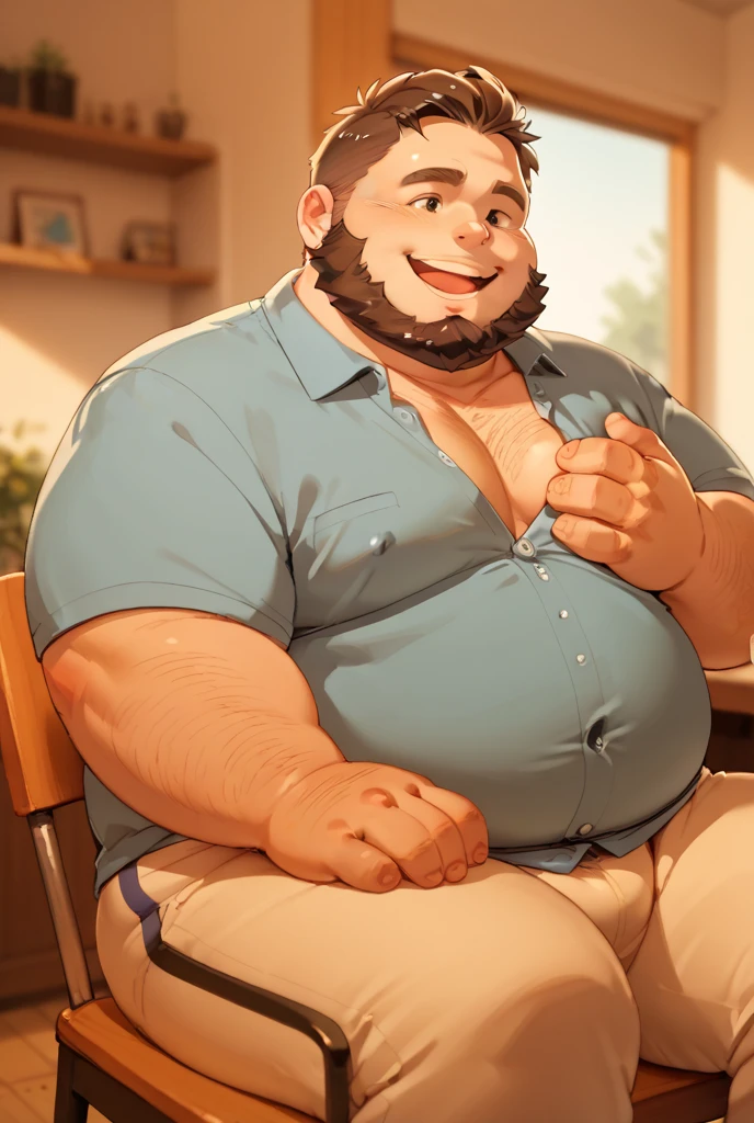 A fat overweight man in the bedroom, Wearing a white vest and black shorts, Calm expression, Very detailed, masterpiece, 8K, Surrealism, Reality, Studio Lighting, Clear focus, Physically Based Rendering, Extremely detailed, professional quality, Bright colors，Middle-aged uncle，A faint smile，Asia，Stubble，Slightly frown，