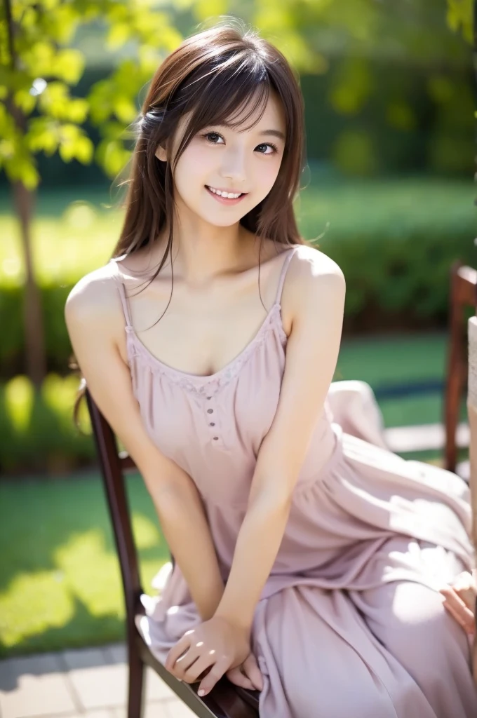 A woman in Arafe sitting on a bench with her hand on her chin, pretty face with arms and legs, a cute young woman, Real young gravure idol, cute young woman, beautiful girl model, slim girl model photo, beautiful japanese girl face, beautiful young korean woman, gorgeous young korean woman, japanese model, beautiful korean woman, young and cute girl、small mouth、cute smile、、A sheer slip、Pastel blue lace 