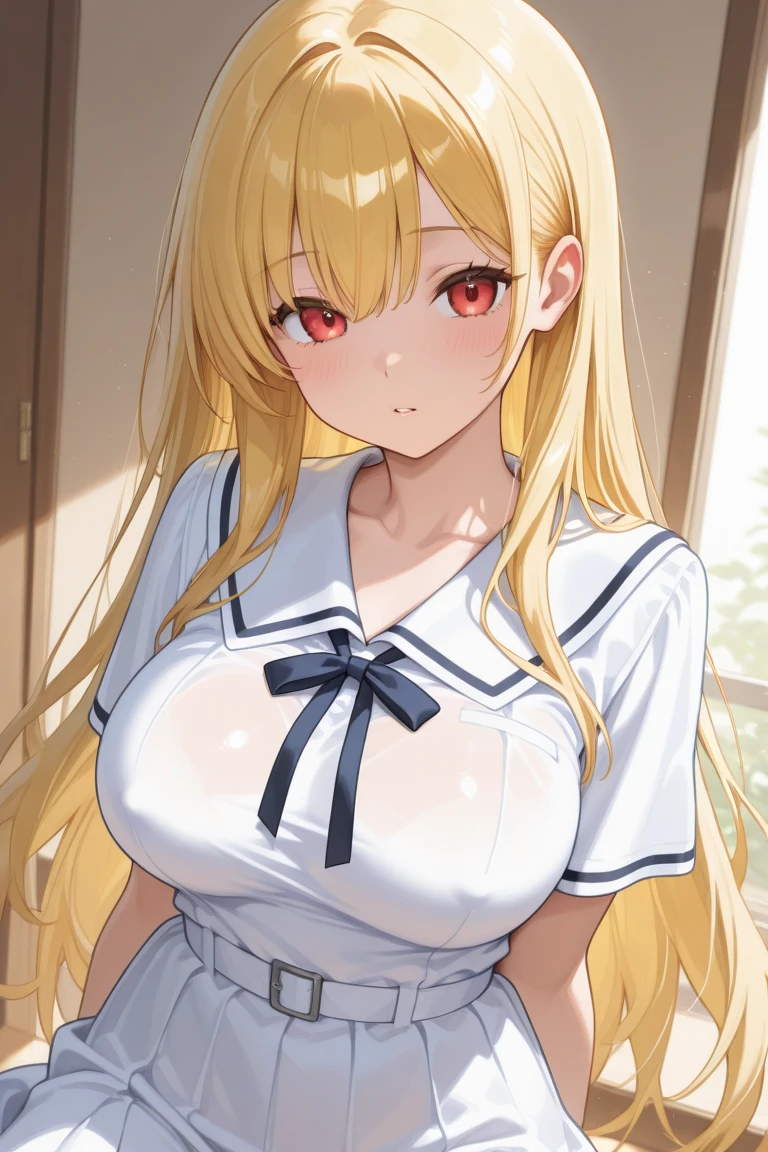 (masutepiece, Best Quality, High resolution:1.5, anime colours, megami magazine:1.2, anime poster style, anime keyvisual, sharp, 8k, photorealistic), (, from front), (beautiful eyes:1.5, beautiful face), Alice Zuberg, 1girl, solo, blush, (white headband), (blond Long Hair, hair braid), blush, (sagging large breasts, , ), (back, :1.5, standing,from side), upper body, (Perfect detailed , beautiful detailed hair, perfect detailed body:1.2, shiny skin), (thick outline, Beautiful outlines, black outlines), 