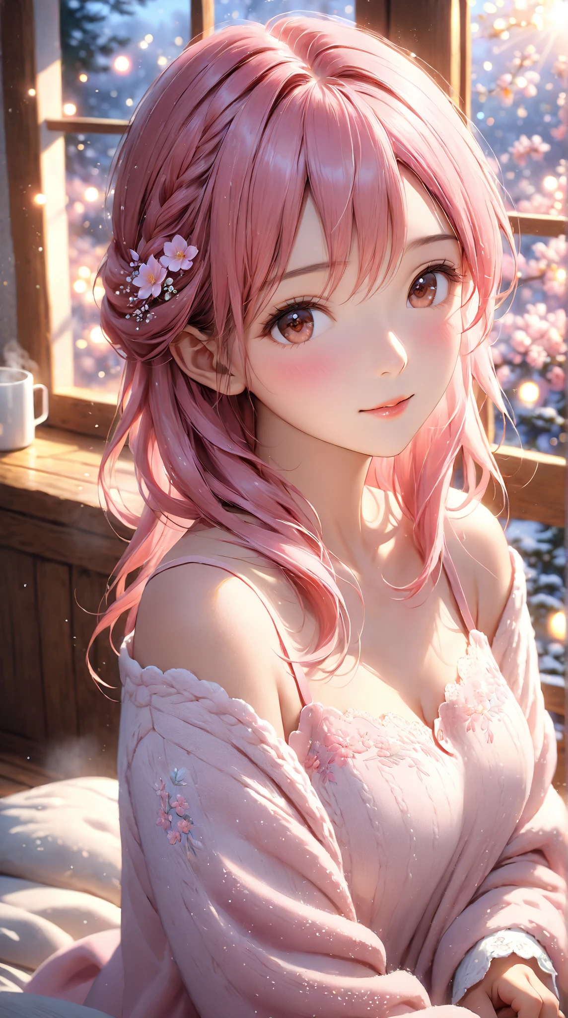 quality(8k wallpaper of extremely detailed CG unit, ​masterpiece, hight resolution, top-quality, top-quality real texture skin,hyper realisitic, digitial painting,increase the resolution,RAW photos，best qualtiy,highly detailed,the wallpaper),BREAK,8K, half face, senko-san, , big freezed lake, winter, multicolored hair, white hair, pink hair, orange skirt, orange sunset, 1girl, hi resolution, 4k, sakura, snowed lake, pink scratches on a face 