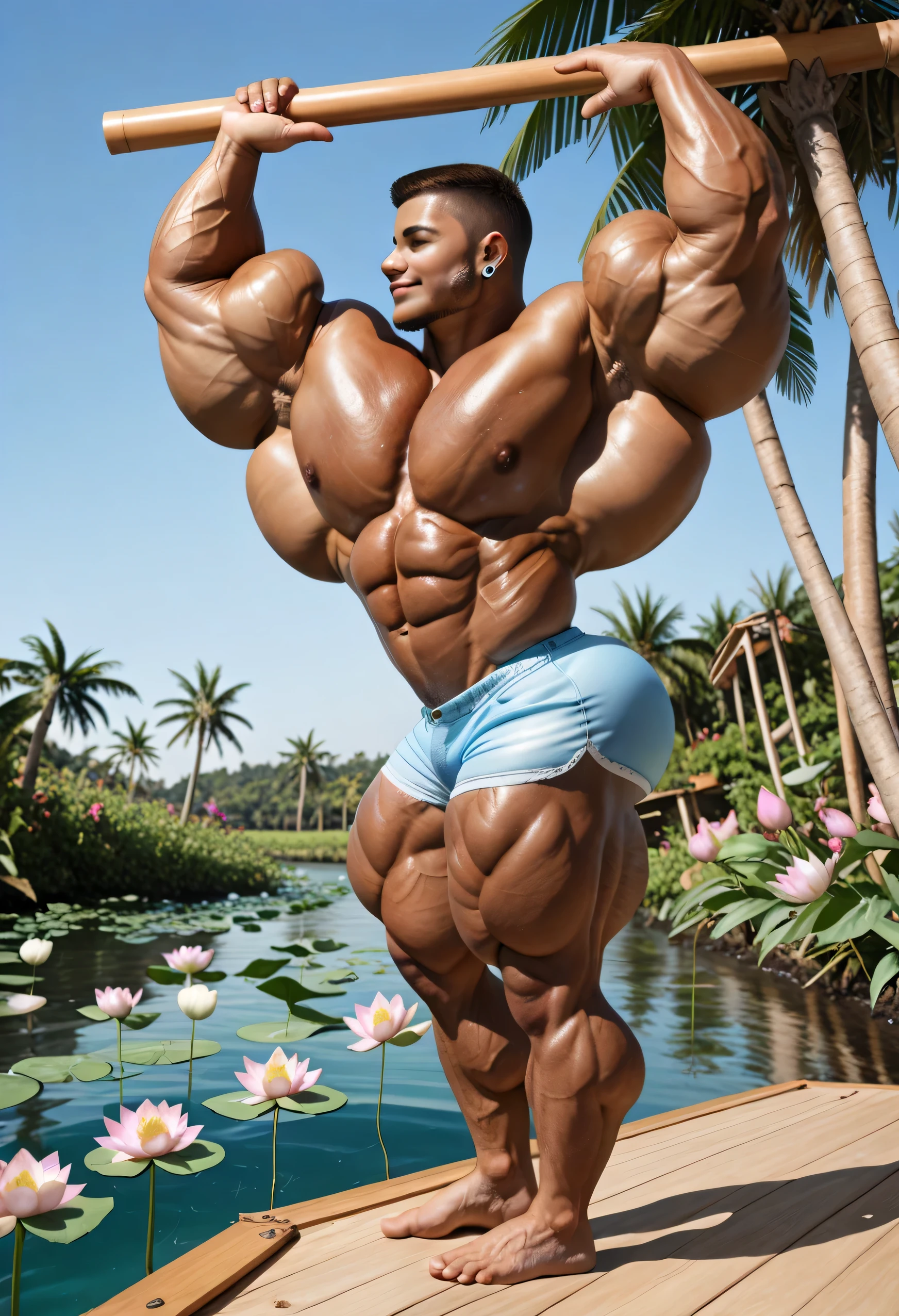 There is only one handsome Asian king in the photo，35 years old，tall, Fitness，Smooth body，Smooth skin，No ????? hair，short hair, O-Shaped Beard，Perfect body, Dark skin color，Radiant Skin，Smooth skin，Shiny, shiny skin，Smooth pectoral muscles，Muscle bulge, muscular, Very large pectoral muscles，Very ???? abdominal muscles，Very well-developed leg muscles，Huge concave and convex area，Brightens oily skin，Wearing a shiny gold leather ?????，Handsome face，Normal human toes，Correct and accurate male body proportions，Gold Collar，Gold bracelet，Gold anklets，Stand among the flowers，Flowers bloom all around， Gorgeous and dreamy，Charming dream scene，Dynamic poses，Epic。
