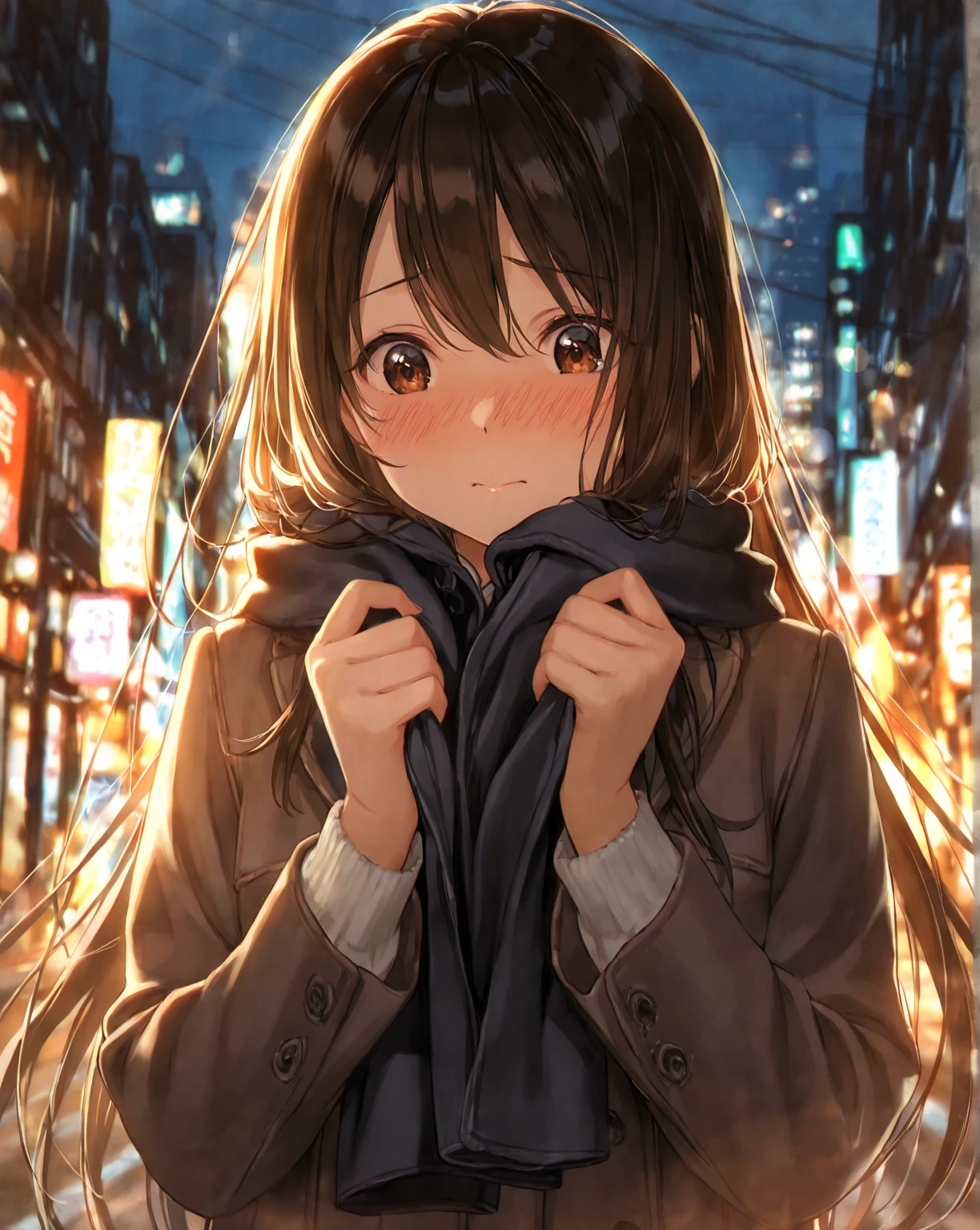 One Girl, (Sunset sky), Standing and waving, School Area, Cityscape, scenery, School Cardigan, (Sleeves are longer than the wrist), Powerful loafers, Black ash two side up hair, Blunt bangs, Beautiful dark eyes, Black knee socks, Cinema Lighting, Upper Body, :3,
