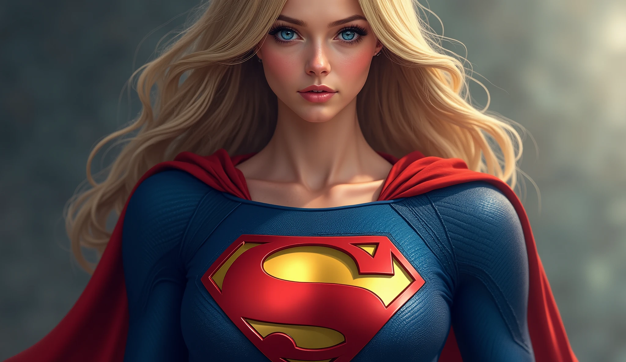 Top Quality, Masterpiece, High Resolution, 1Supergirl, Black Short Hair: 1.2, Business Dress, Skirt, Secretary Dress, Necklace, Hair Clips, Red Jewelry, Beautiful Face, Tyndall Effect, Photorealistic, Dark Studio, Rim Lighting, Two-tone Lighting, (High Detail Skin: 1.2), 8k uhd, DSLR, Soft Lighting, Sincere, Bokeh, Medium Breasts, Light Pink Lips, Masterpiece, High Quality Shadows, High Detail, Beautiful Details,  fine details, extremely detailed CG, detailed texture, realistic face expression, realistic, colorful, detailed, cinematic light, side lighting, lens reflection, ray tracing, sharp focus, (complex detail, makeup, (delicate and detailed face, delicate and detailed eyes, perfect face proportions, highly detailed skin), best proportions four fingers and a thumb, arms under chest, medium sized breasts,  wide hips, thick thighs, smooth skin, blue-eyed blonde, wearing superman's S symbol on her chest.